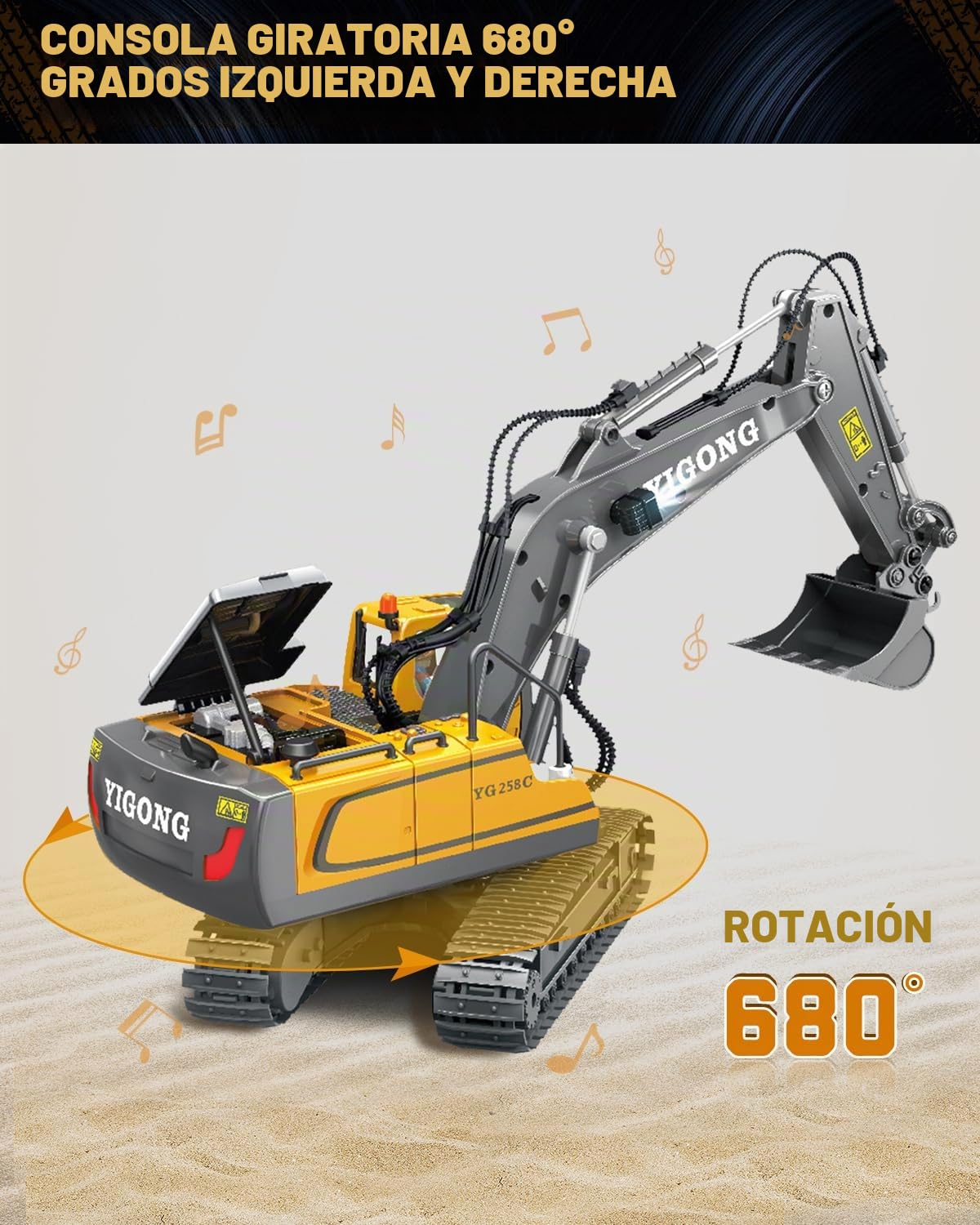 Juguete de excavadora teledirigida para niños - Excavadora RC con pala de metal, rotación de 680°, luz y efectos de sonido, regalo de cumpleaños de Navidad niño 6 7 8 9 10 11 12 años