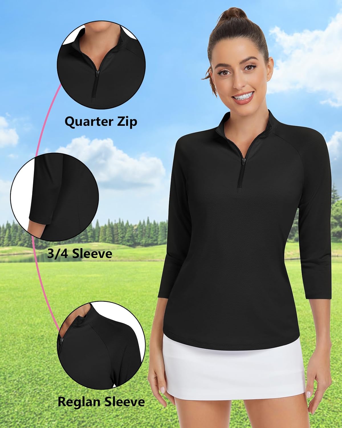 Soneven Womens 3/4 Sleeve Shirt UPF 50+ Moisture Wicking Golf Polo Shirt for Casual Work - Image 3