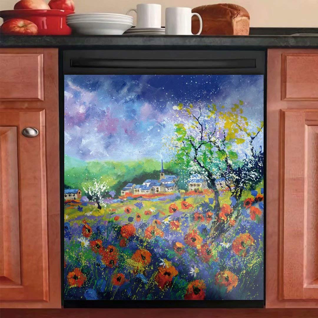 Vivid Colors Flowers Countryside Dishwasher Magnetic Sticker,Kitchen Decorative for Door,Washing Machine,Cabinet Decor Panel Decal Sheet,23W x 26H inchs
