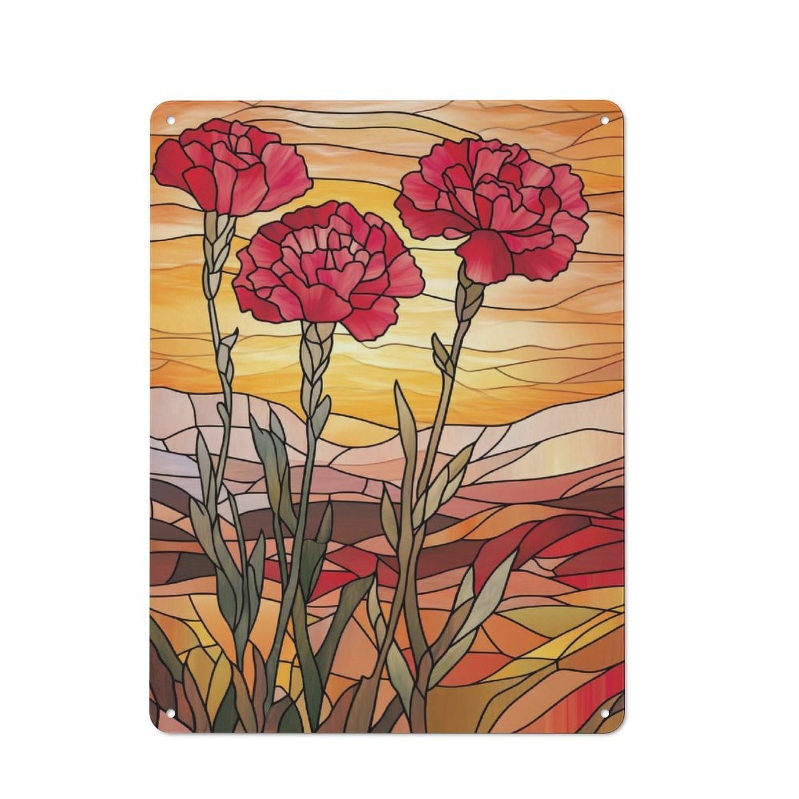 Junmoney Style-13 Stained Glass Carnations Retro Metal Sign 40X30cm For Café Or Restaurant, Gift For Restaurant Decor Fans During The Christmas Season