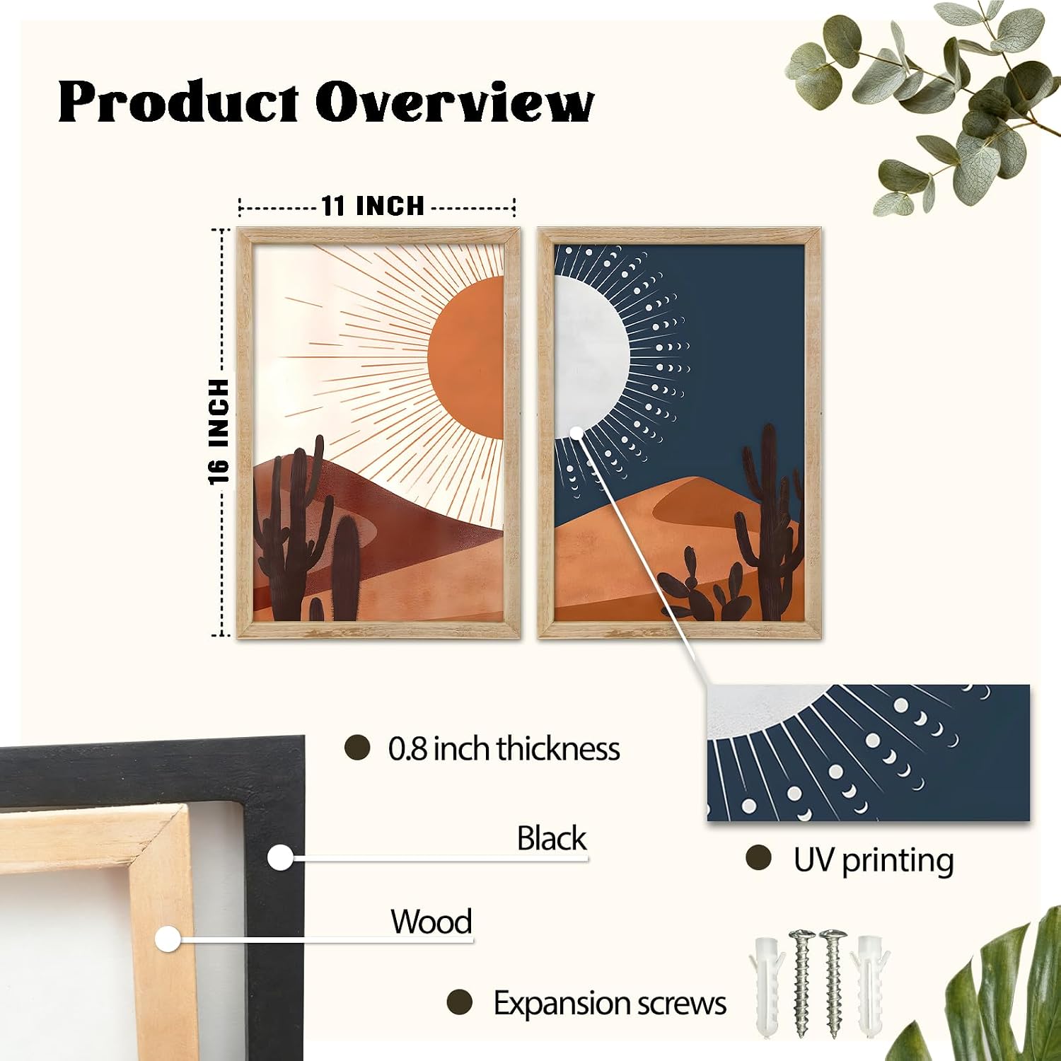 FZMHASLWW Boho Moon Sun Desert Cactus Wall Art Decor 16"X11" Set of 2 Day and Night Mid Century Modern Prints Artwork Sign for Living Room Bedroom Office Wall Hanging (Wood)