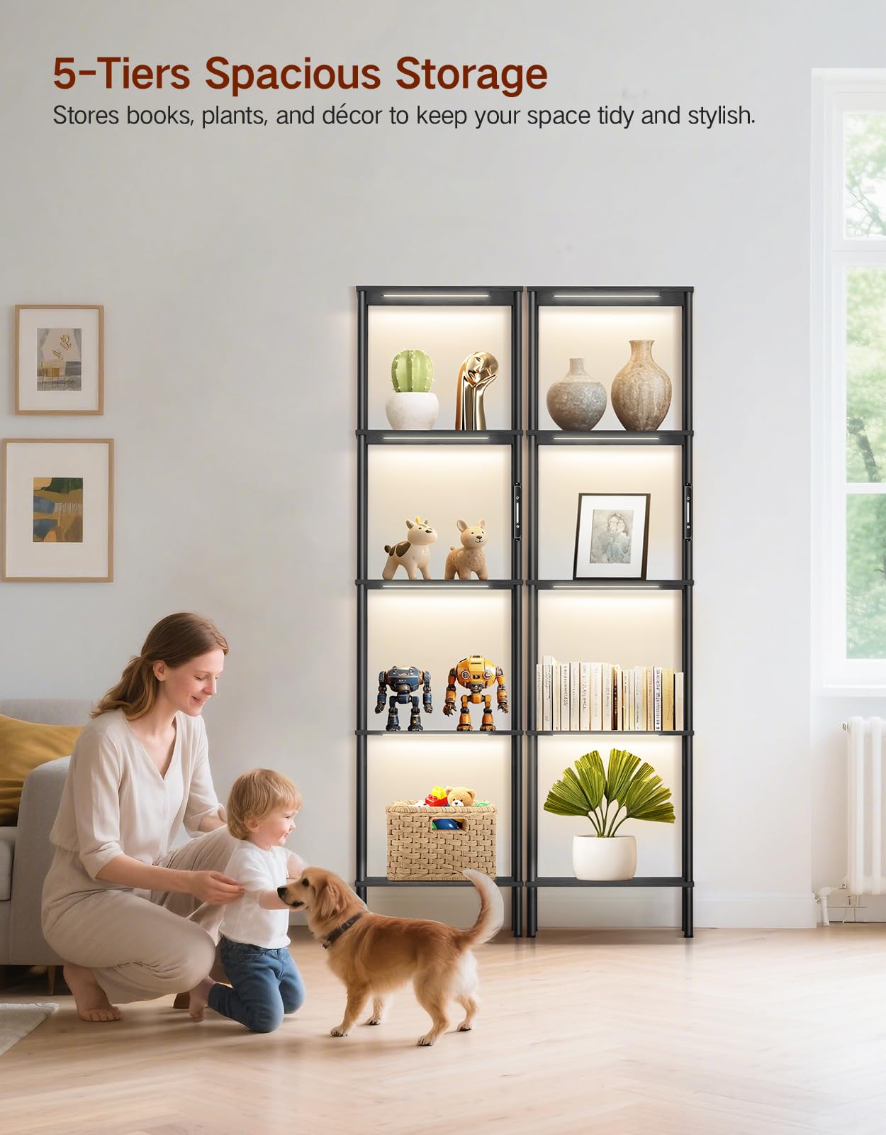 Stehlampe mit Regal, LED-Dimmbar, 3 Farbtemperaturen, Touch & Fernbedienung, Bücherregal mit Licht, Standregal aus Holz, Modernes Design für Wohnzimmer, Schlafzimmer, Büro(Schwarz)