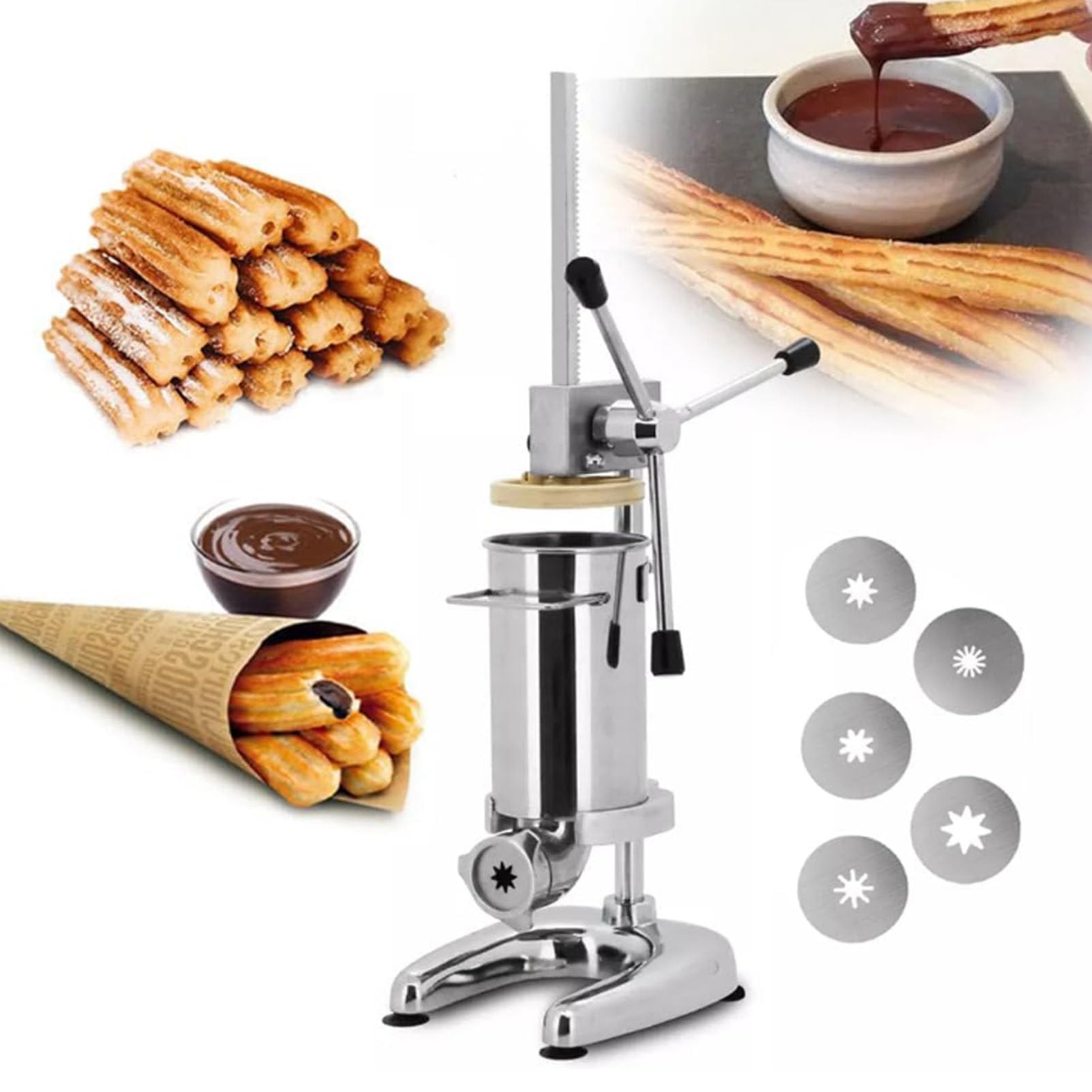 Máquina para hacer churros manual, comercial 2L 3L Máquina para hacer churreras españolas manuales con 5 tipos de moldes, Máquina para hacer churreras españolas verticales de acero inoxidable ,2L
