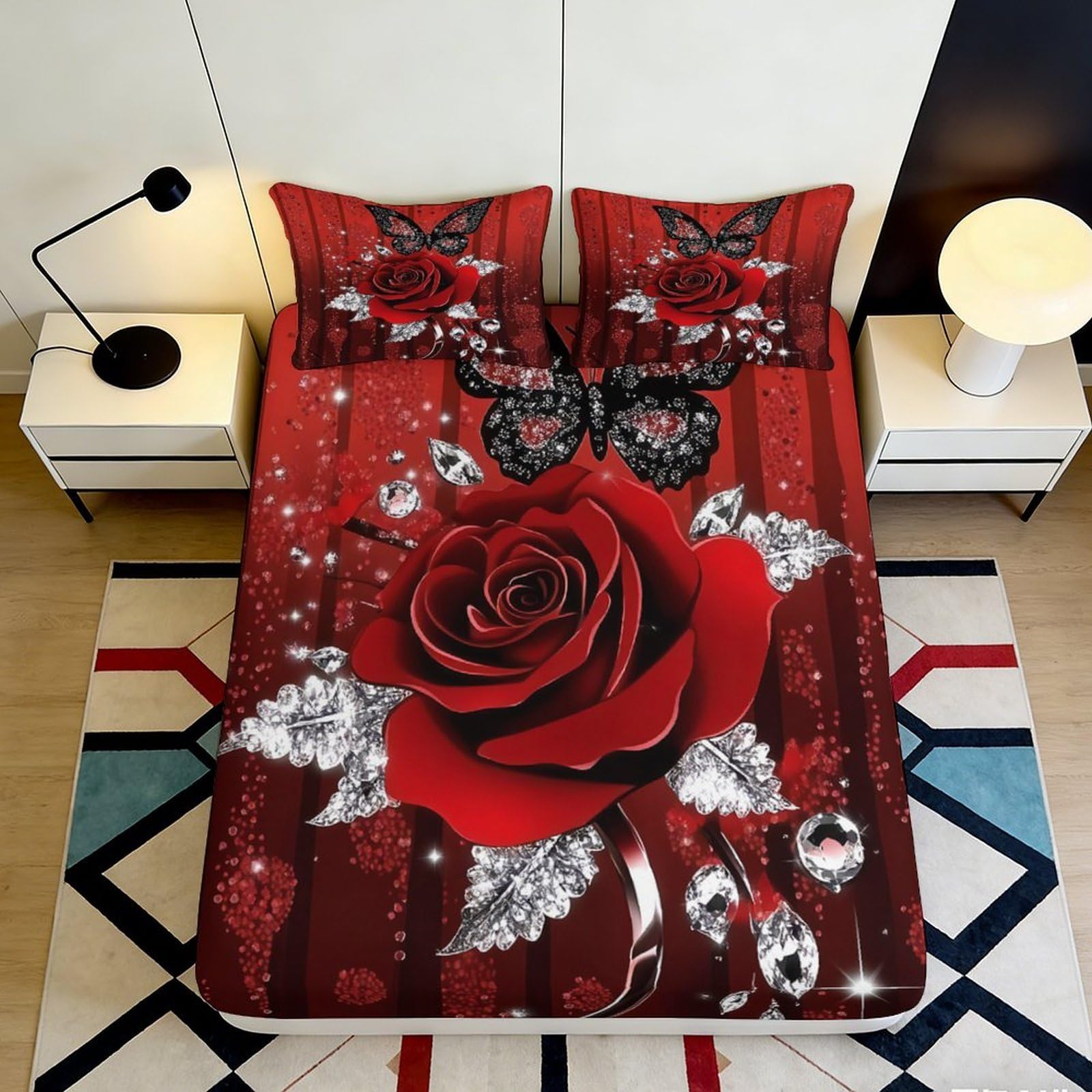 Decorative Red Rose Fitted Sheet 3D Printed Soft Touch Microfiber, Bed Cover for Main Bedroom, Apartment Bedding 90x200x25cm