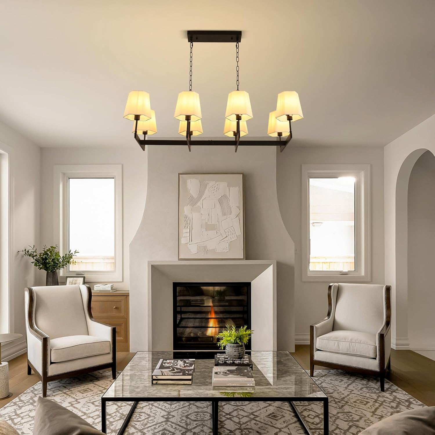 Farmhouse Chandeliers, 8-Light Black Chandeliers for Dining Room with White Fabric Shade, Adjustable Hanging Pendant Lighting for Kitchen Island Living Room
