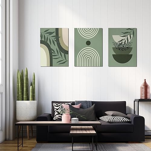 Miniatura 5 de Sage Green Wall Posters & Prints, 12x16 Inch Boho Wall Art Set of 3 Canvas Wood Framed Botanical and Minimalist Pictures, Waterproof Anti-fade