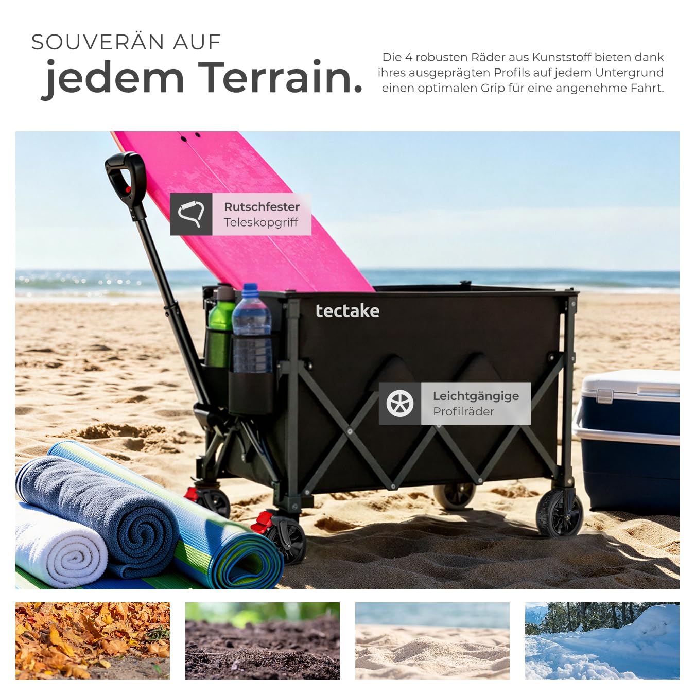tectake® Bollerwagen faltbar, Transportwagen klappbar, Transporter mit Teleskopgriff und Rückholmechanismus, Profil Kunststoffräder mit Bremse, mit Plane und Einlegebogen, Belastbarkeit 80 kg - 120 L