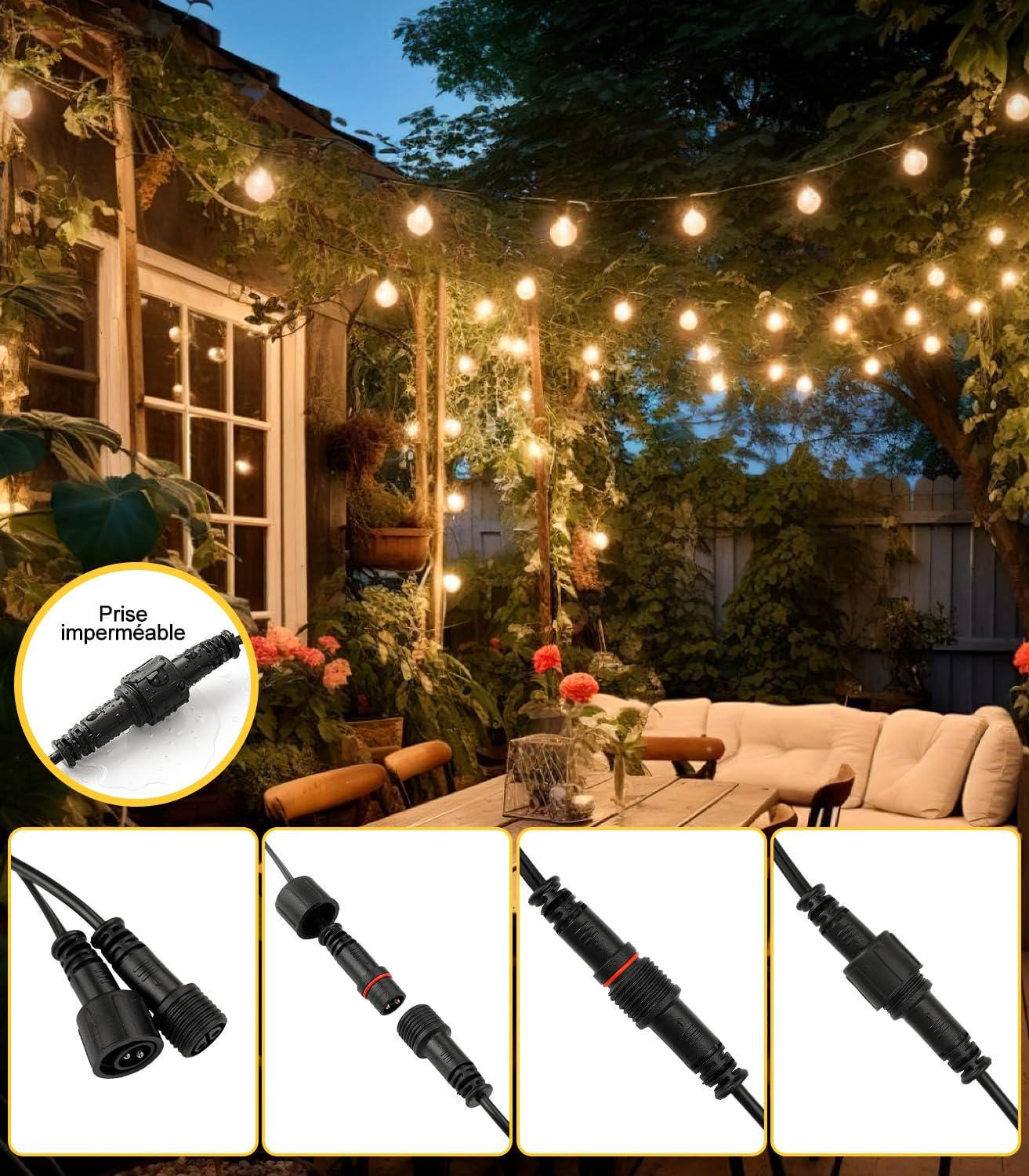 Guirlande Lumineuse Guinguette Exterieur Led 45M Guirlandes Guinguette Lumineuses Extérieur avec 62+2 Ampoules IP44 Étanche pour Jardin Terrasse Balcon Mariage