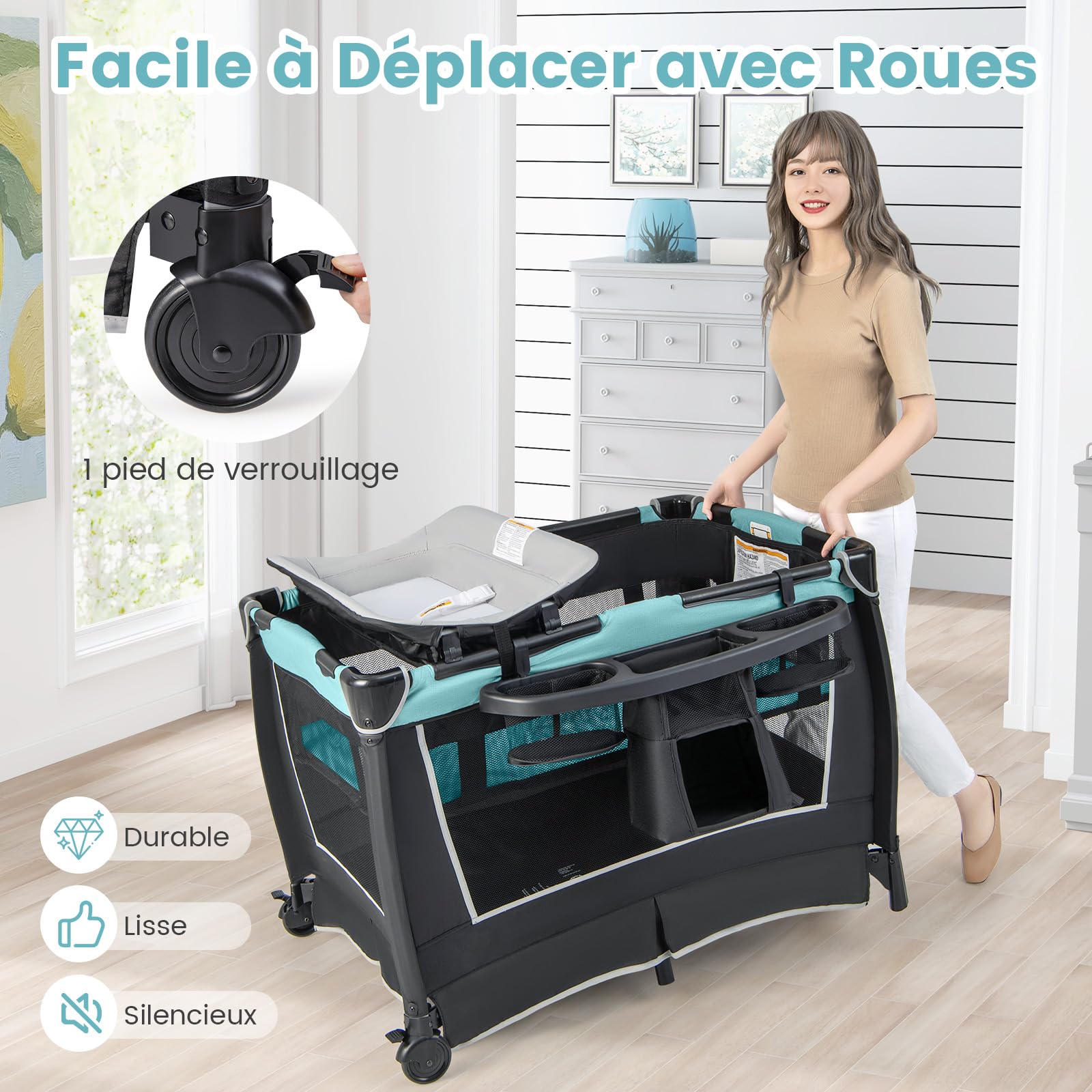 DREAMADE 6 en 1 Lit Parapluie Bébé 105x72x74CM avec Matelas Lit de Voyage Tout-Petites 0-3 Ans avec Porte-Couche&Table à Langer&Roue Verrouillable&Boîte à Musique,Berceau Charge 15KG (Vert)