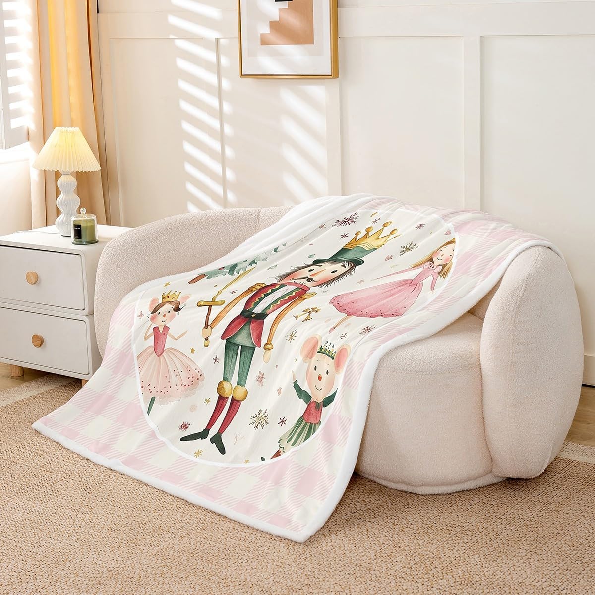 Erosebridal Christmas Nutcracker Throw Blanket Twin 60"X80" Pink White Buffalo Plaid Xmas Fleece Bed Blanket for Kids Girls,Guarder Soldier Ballet Sherpa Blanket Pine Tree Snowflake Flannel Blanket
