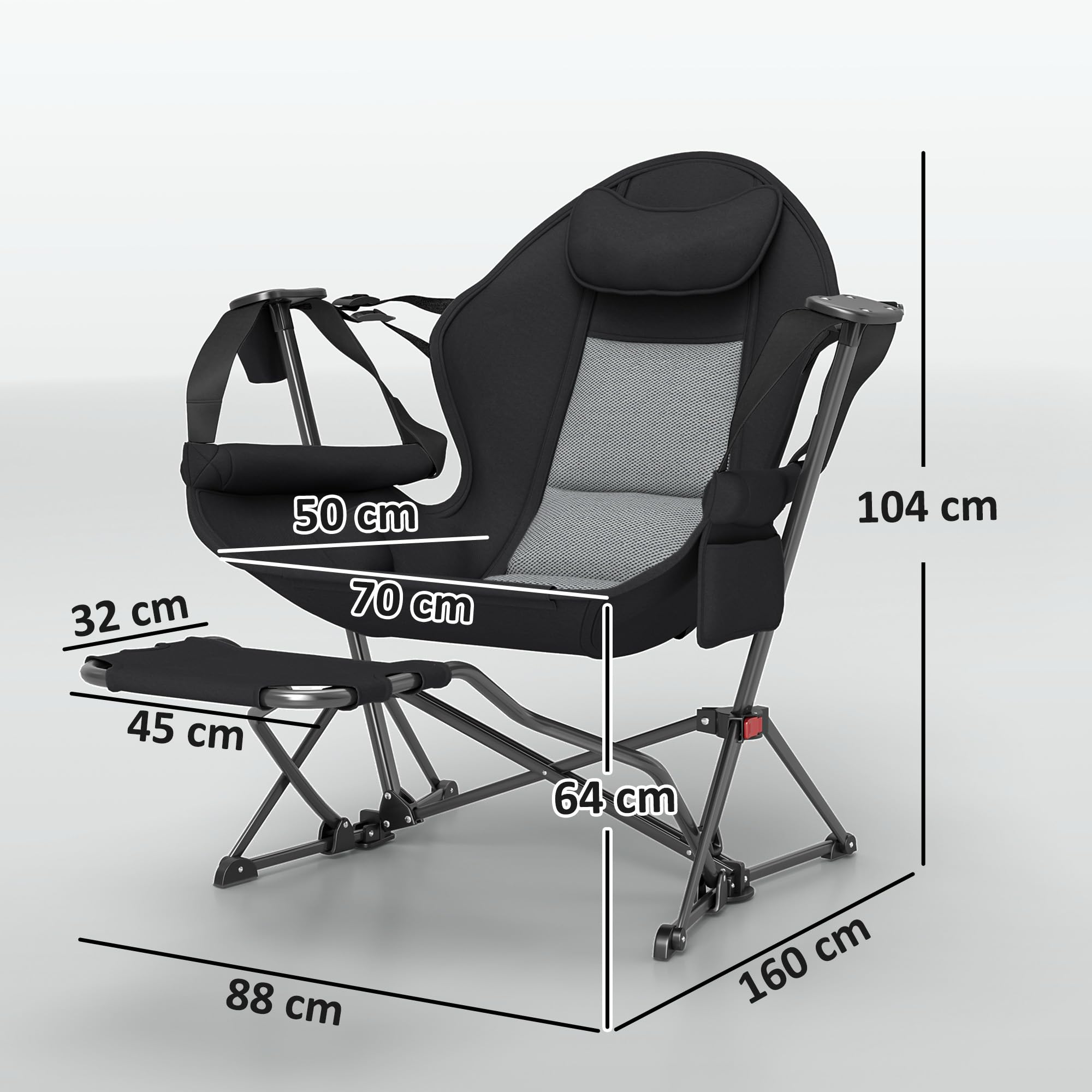 Outsunny Mecedora Jardín Exterior con Reposapiés Pack 2 120 kg Negro | Silla Plegable de Camping, Reposacabezas, Portavasos, Bolsillos, Bolsa de Transporte, para Playa Camping Pesca