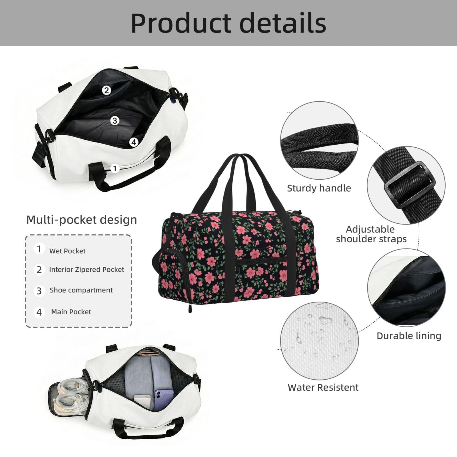 Mexpekil Sac de sport avec compartiment à chaussures étanche Grand sac fourre-tout de voyage, Petit motif floral rose, One Size, Classique