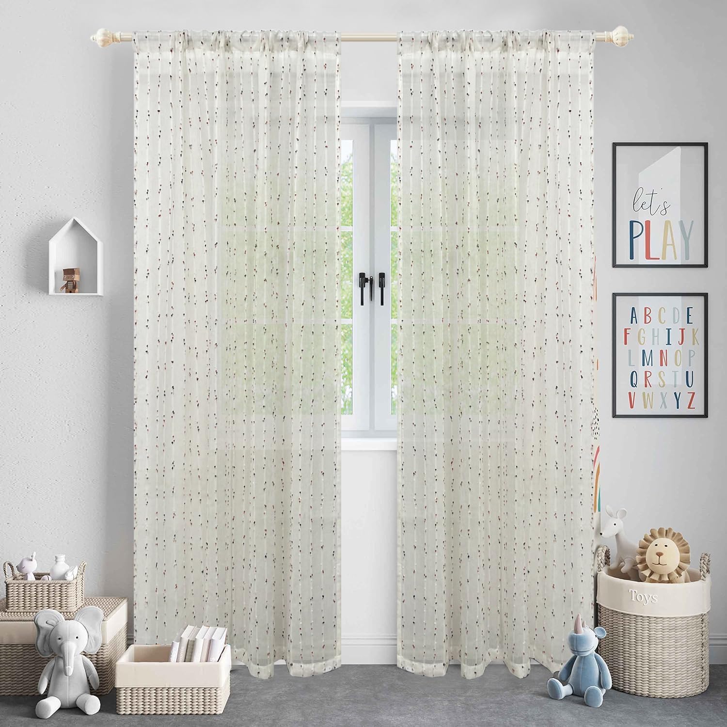 Faux Linen Colorful Pom Pom Sheer Curtains for Kids Room Embroidered Light Filtering Voile Drapes Rod Pocket Window Curtain Vintage Window Treatment 2 Panels (W52 X L84 Inch,White)