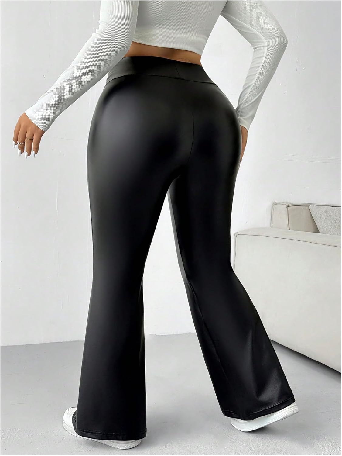 WDIRARA Women's Plus Size Leather Flare Leg Pants High Waist Fashion Casual Long Trousers - Image 2