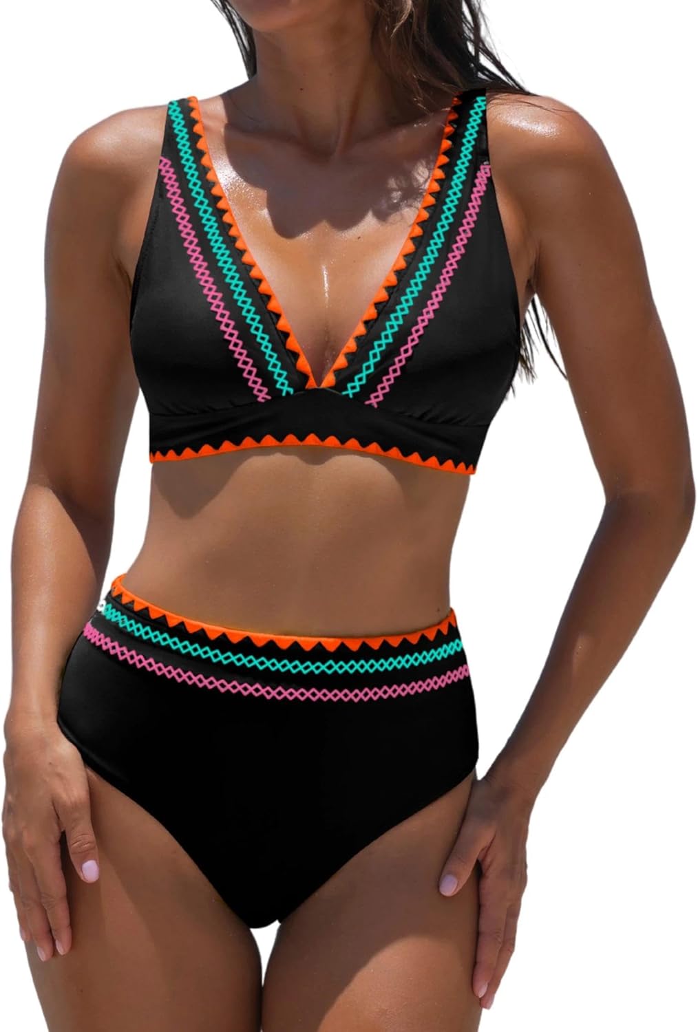 popvil High Waisted Bikini Set for Women Two Piece Tummy Control Swimsuit Color Block Bathing Suit Beach Vacation 2026