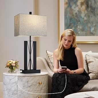 Lolikit 25 Table Lamps Set of 2, Modern Table Lamp for Living Room with 2 USB Charging Ports, Nightstand Geometric Industrial Bedside Lamp with Gray Shade for Bedrooms End Table Decor, Bulbs Included