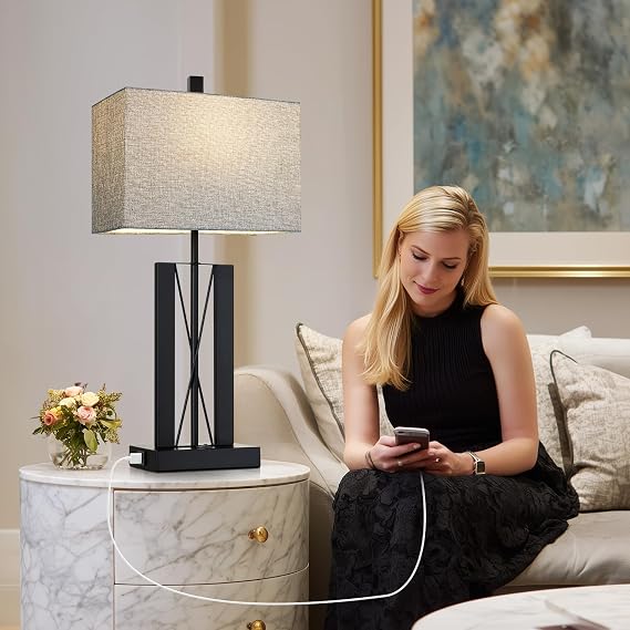 Lolikit 25 Table Lamps Set of 2, Modern Table Lamp for Living Room with 2 USB Charging Ports, Nightstand Geometric Industrial Bedside Lamp with Gray Shade for Bedrooms End Table Decor, Bulbs Included