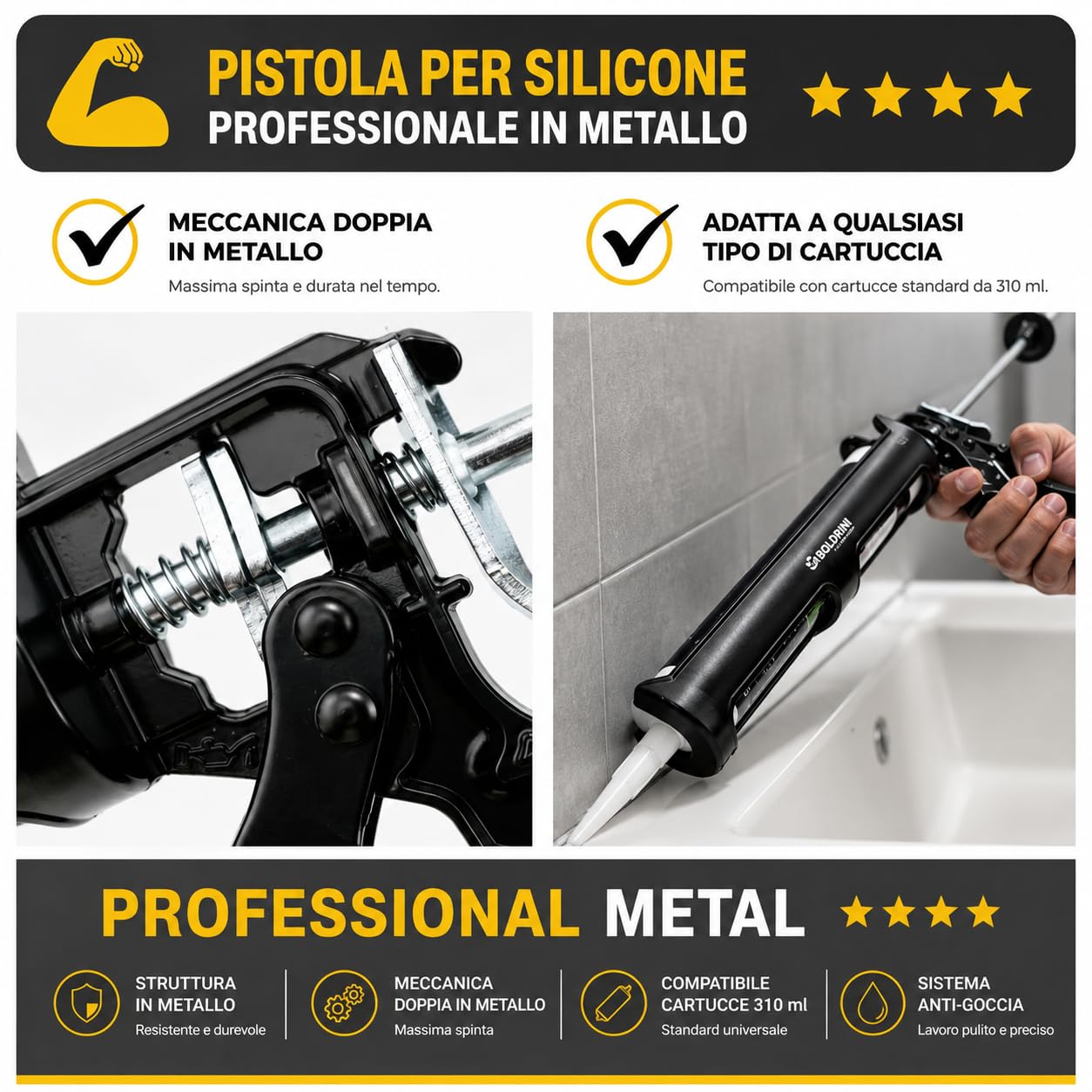 Pistola Professionale per Silicone e Sigillanti – Struttura e Meccanica in Metallo Robusto – Applicazione Controllata – Supporta Pressioni fino a 164 kg – Per Sigillatura Professionale e Fai-da-te