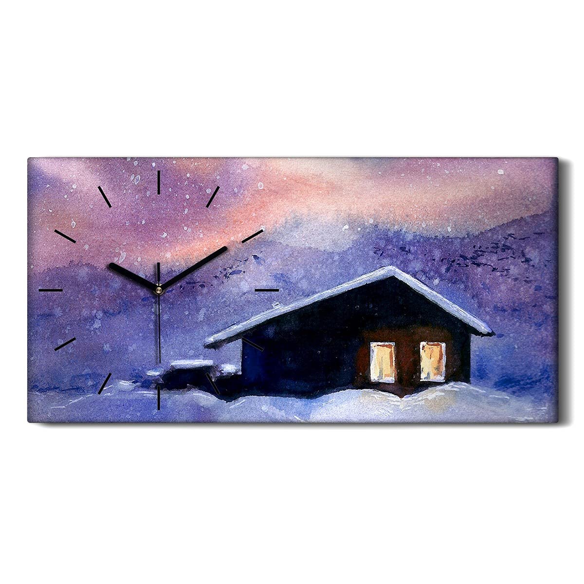 Art Mural Salon et Chambre Horloge Toile Aquarelle Paysage Noël