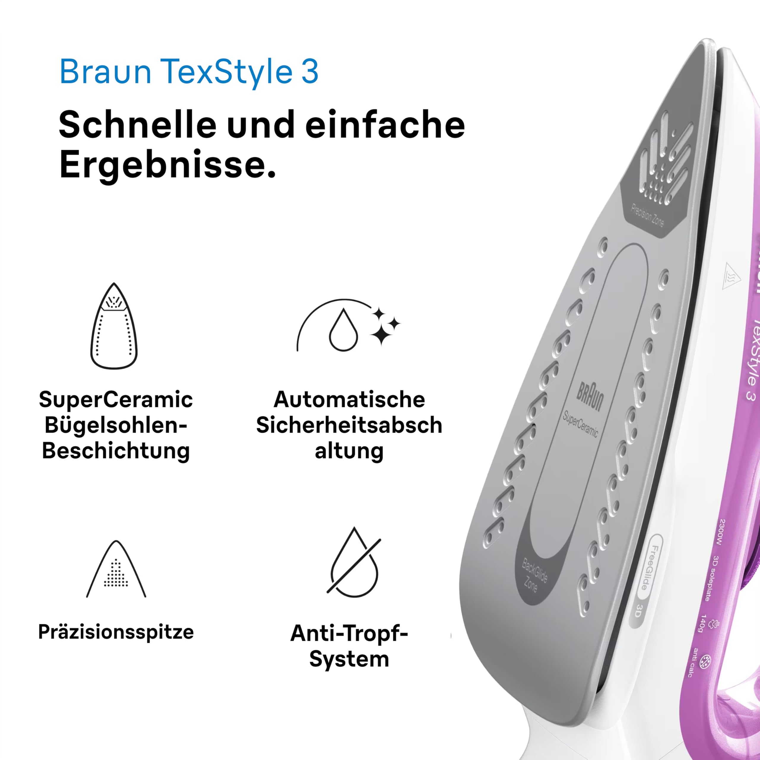 Braun TexStyle 3 SI 3030 PU Dampfbügeleisen - Bügeleisen mit FreeGlide 3D Bügelsohle 140 g – Bild 2