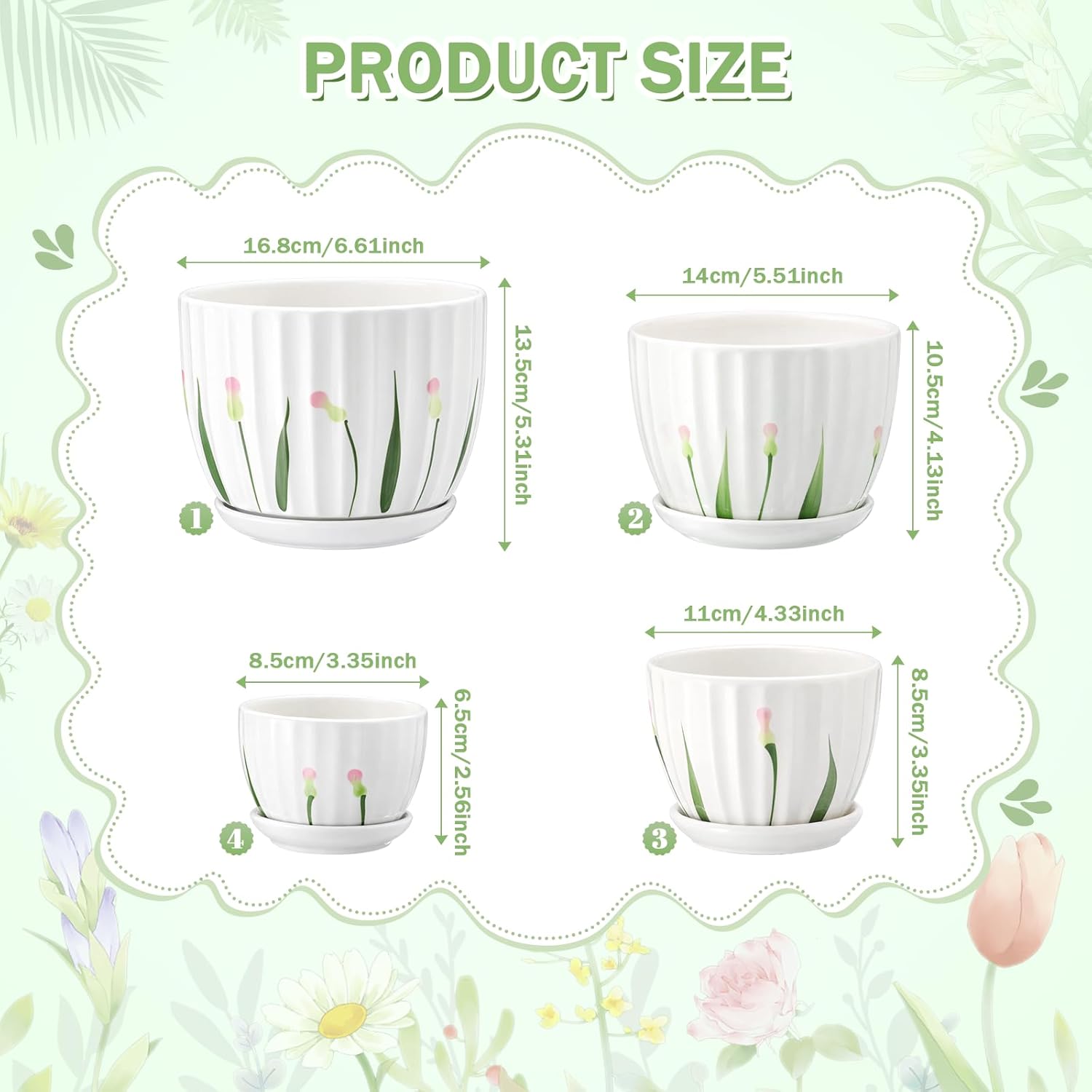 4 Pack Ceramic Orchid Pots with Drainage Holes and Tray 3.35+4.33+5.51+6.61 Inch Ceramic Plant Pot White Garden Planter for Indoor Outdoor Home Decor Gifts for Plant Lovers