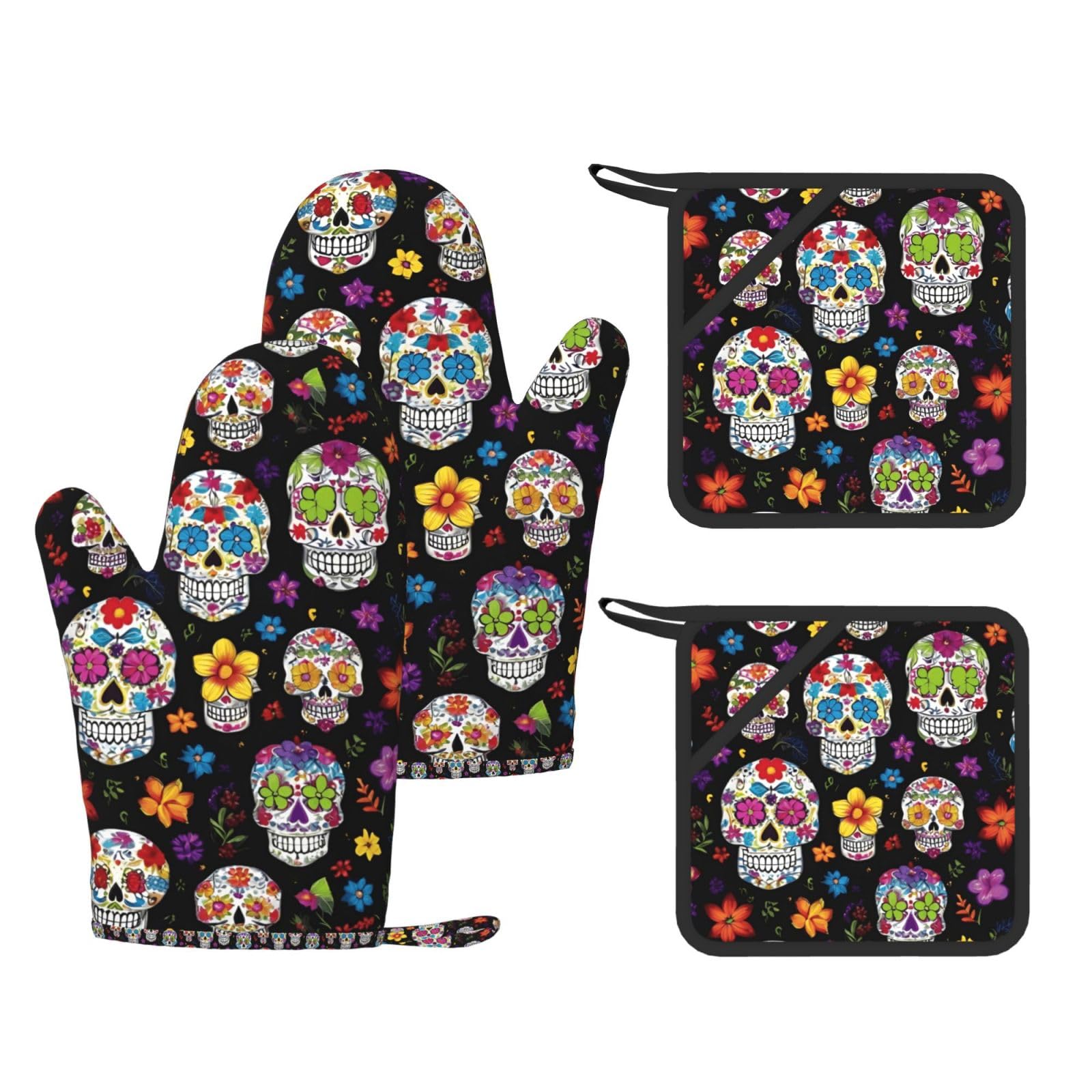 Colorful Flower Skulls Print Kitchen Heat Resistant Set,Cooking Kit With Hanging Loop For Baking & Bbq