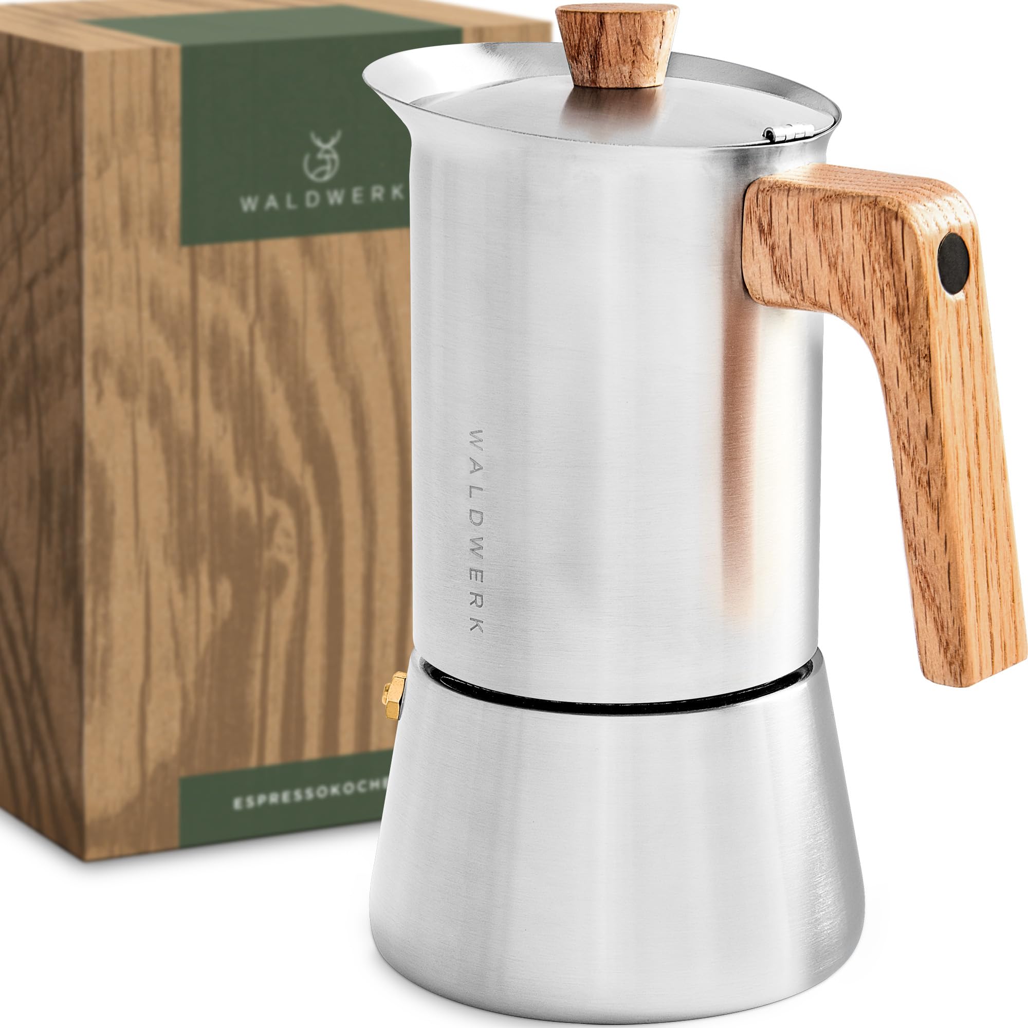 WALDWERK Cafetera italiana induccion (300 ml) – Cafetera italiana acero inoxidable todo tipo de cocinas – Cafetera induccion con mango de auténtica madera de roble