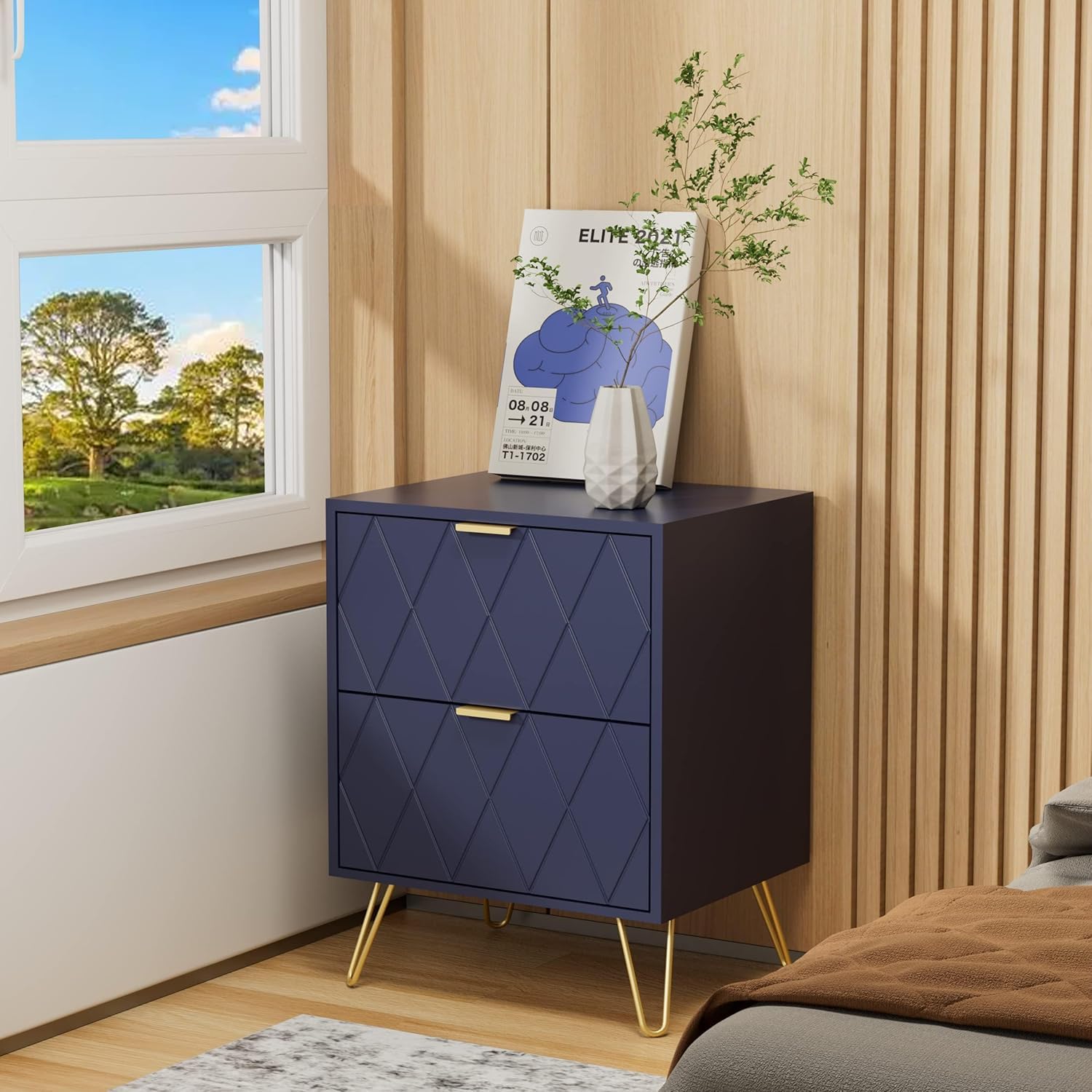 UEV Lot de 2 Table à Chevet, Table de Nuit, Table d’Appoint avec 2 Tiroirs, avec Manches et Pieds en Couleur Doré, Style Moderne, Scandinave pour Salon, Chambre, 40 x 30 x 52 cm, Bleu (2 Tiroirs)