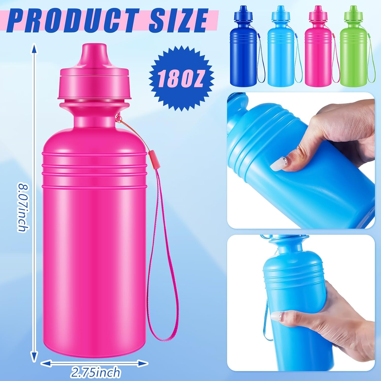 Tessco for you 20 Pack Bulk Water Bottles for Kids 18 oz Plastic Sports Water Bottle Reusable Squeeze Neon Color with Nylon Strap Back to School Supplies for Outdoor Travel Team Gym