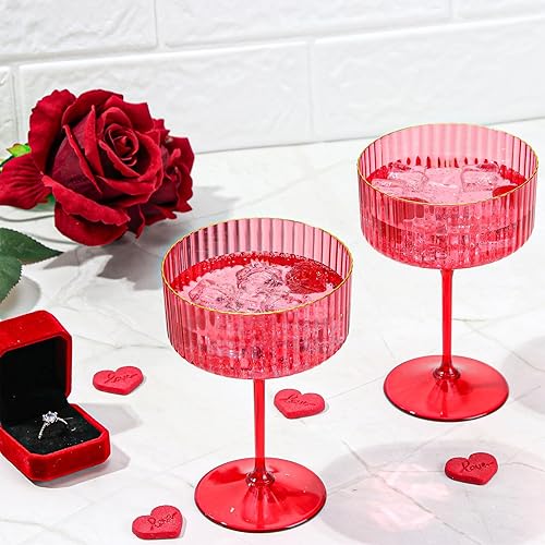 Miniatura 6 de 12 vasos de copa acanalados de 10 onzas desmontables con borde dorado Martini, copa de copa de champán de plástico rojo para champán, cristalería