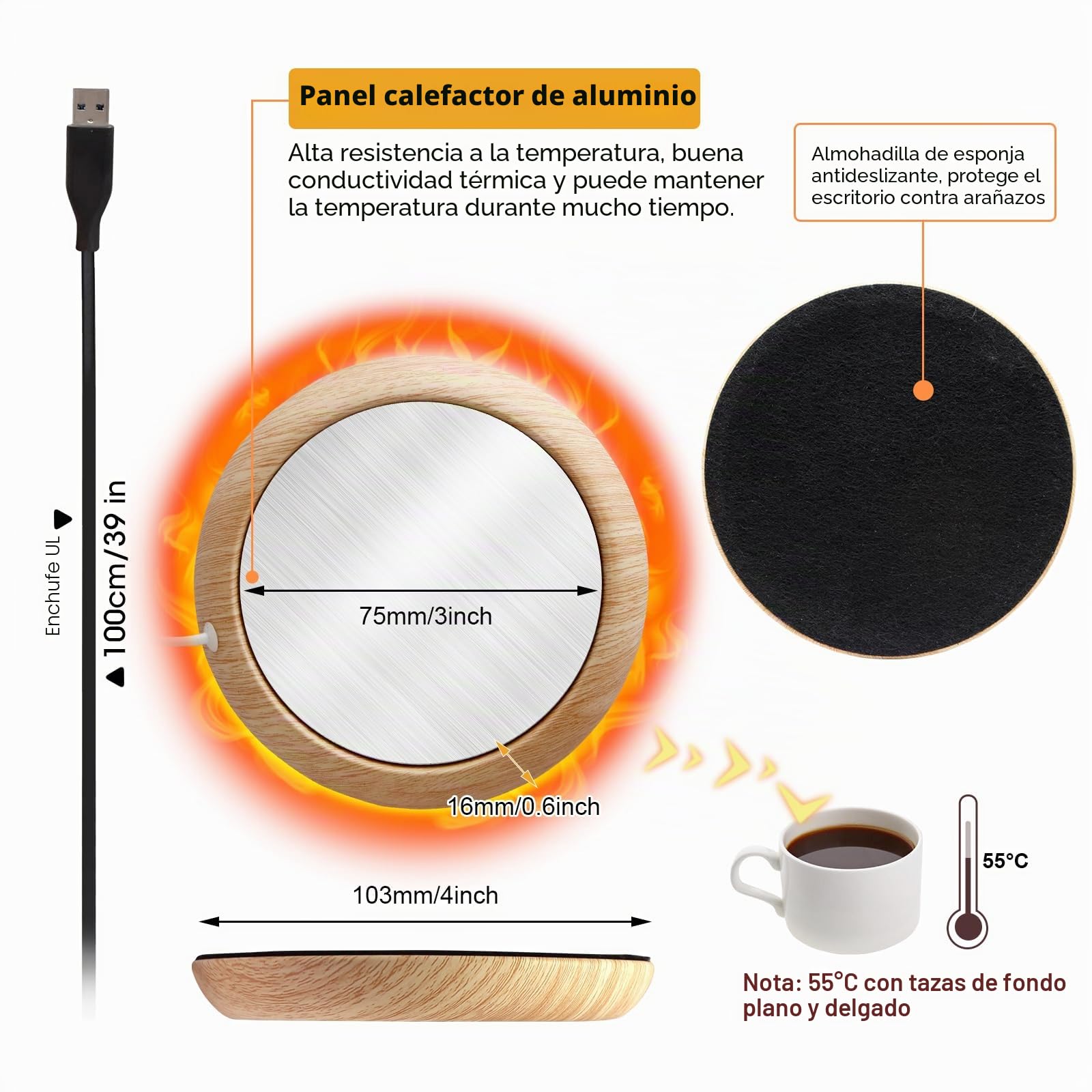 UniM - Calentador de taza por USB, para bebidas, café, tetera y uso doméstico (grano de madera oscura) amarillo
