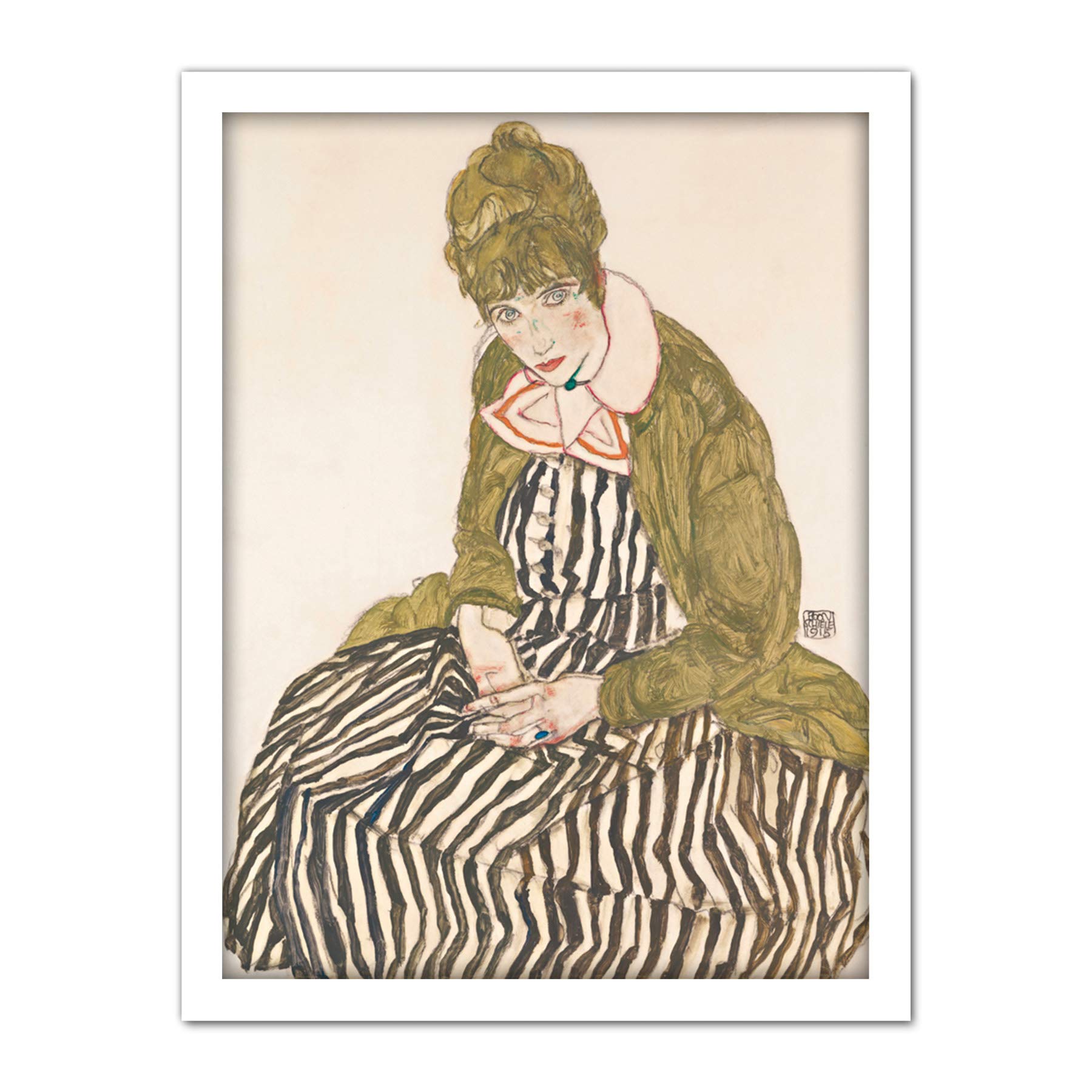 Egon Schiele Edith With Striped Dress Sitting Large Framed Art Print Poster Wall Decor 18x24