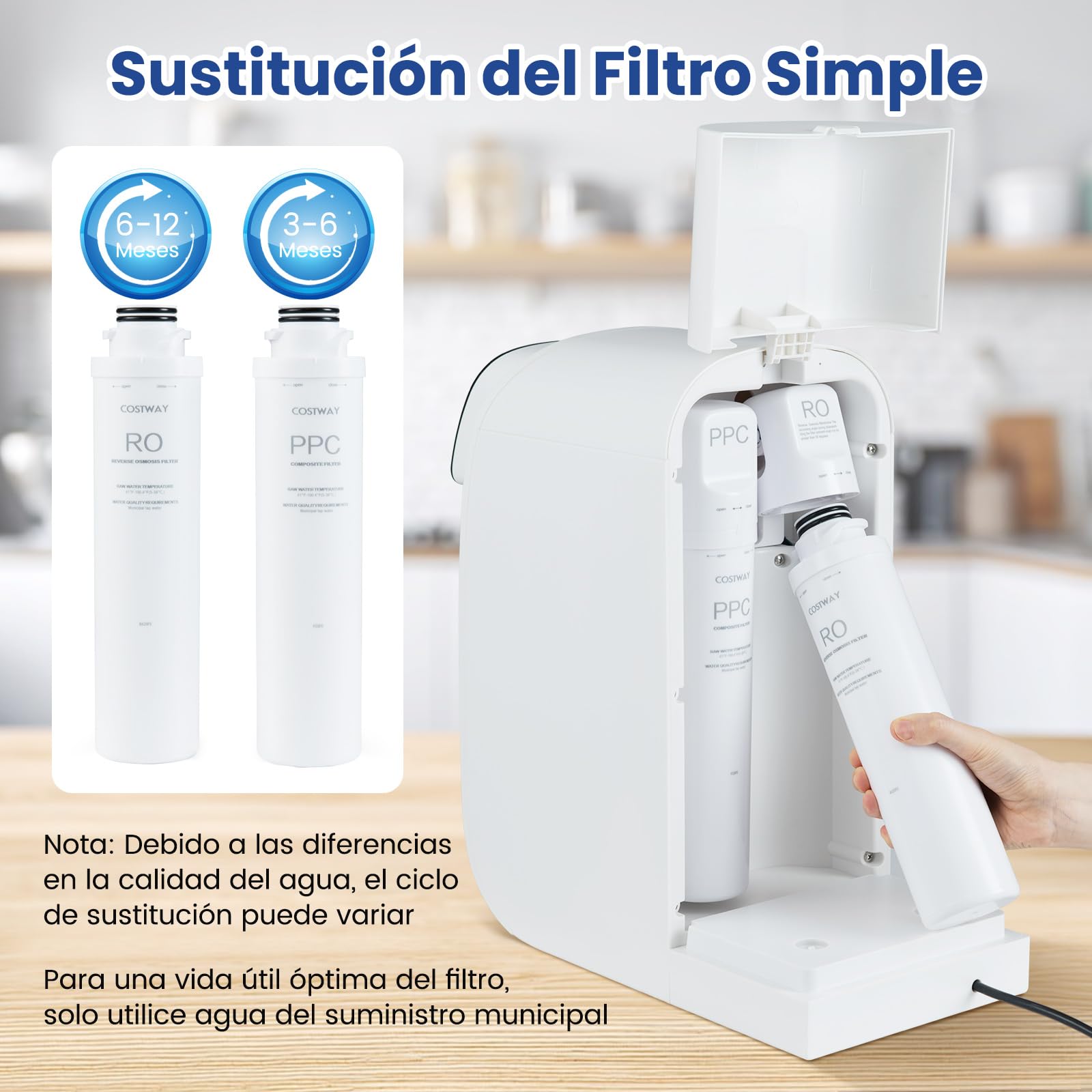 COSTWAY Purificador de Agua, Osmosis Inversa Domestica, Sistema de Filtración de Agua de 5 Etapas RO + PPC con Luz UV, Purificador Portátil 4:1 de Agua Pura a Desagüe para Cocina (juego)