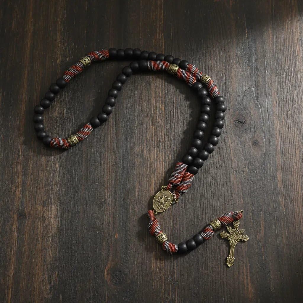 Nazareth Store Paracord Rosary Necklace 8mm Black Beads Antique Bronze Strong Rugged Corded Catholic Rosary with St.Michael Medal & Cross Crucifix