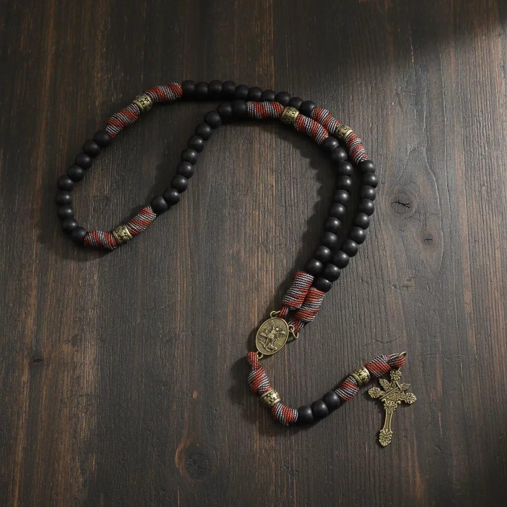 Nazareth Store St. Benedikt Paracord-Rosenkranz 8 mm schwarze matte Perlen Antikbronze starke robuste Kordel-Rosenkranzkette mit Jesuskreuz (Rote Paracord-Bronze St.Michael)