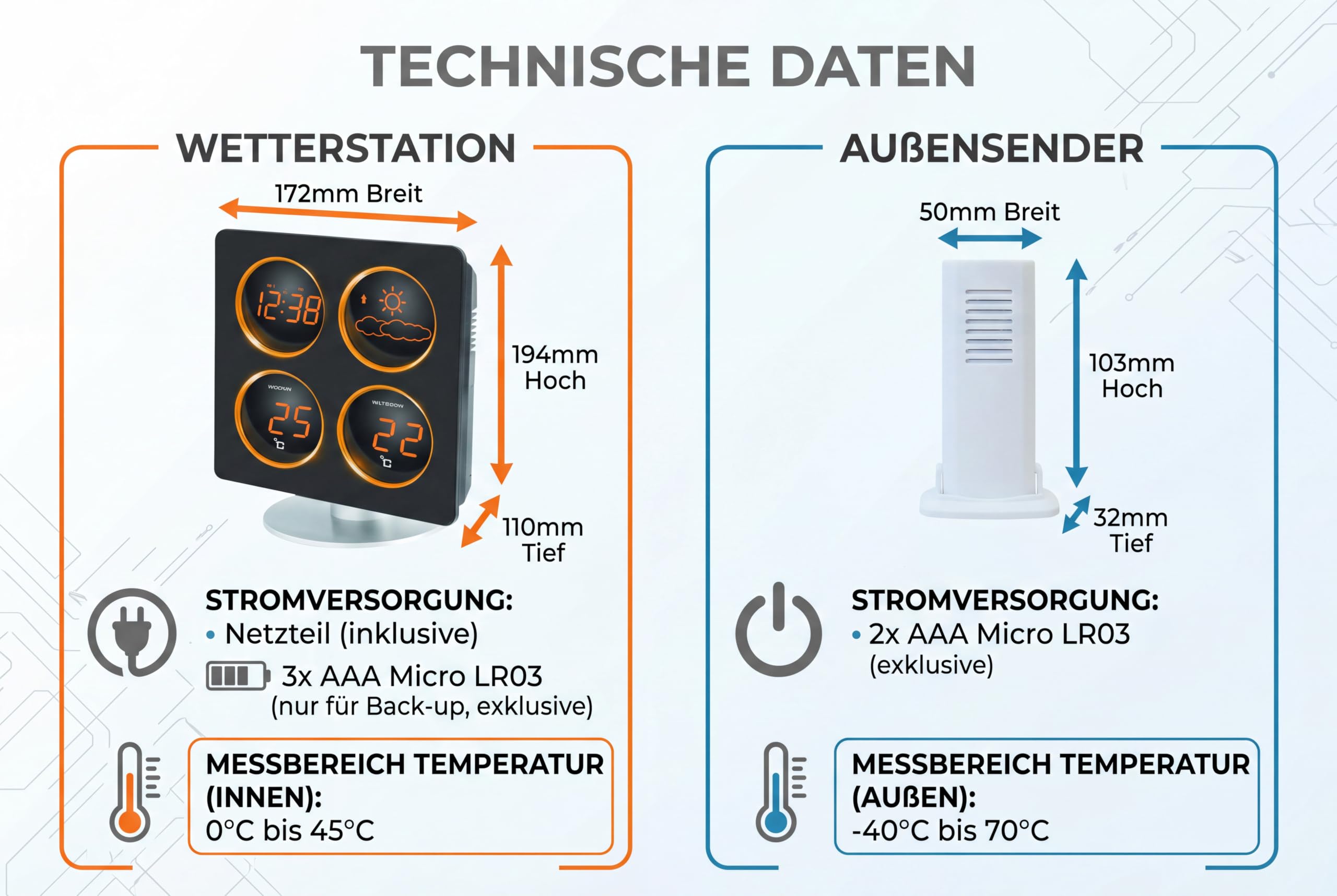 techno line WS6830 Wetterstationen inklusive Außensender, Anzeige von Innentemperatur und Außentemperatur über Funk, Wettertendenz, Betrieb mit Netzteil, LED Anzeige in orange, schwarz