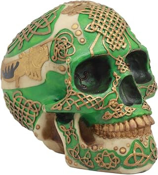 Ebros Celtic Knotwork Shamrock Lion Green Gold Skull Money Bank Figurine Ossuary Labyrinth Dark Arts Decor Statue