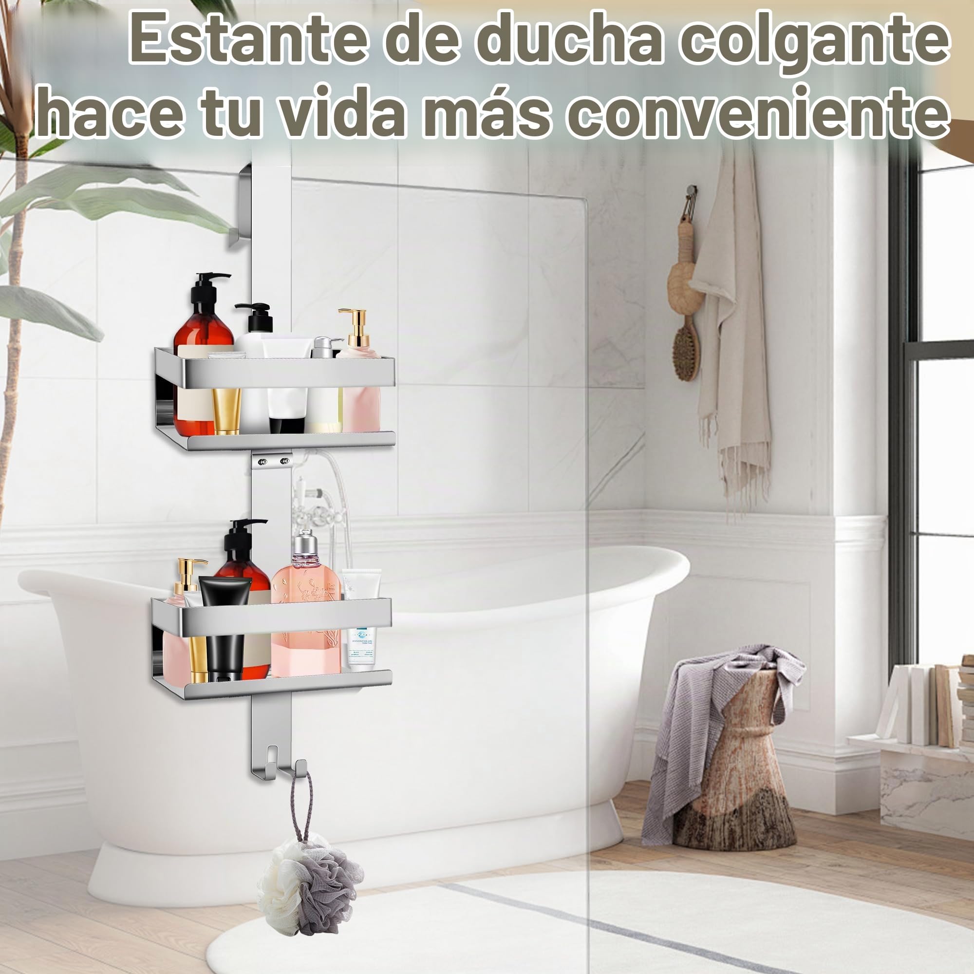 Estante de Ducha Sobre Puerta, Acero Inoxidable, Doble | Sin Perforación con Gancho de Ventosa, Doble Capa, Para Baño