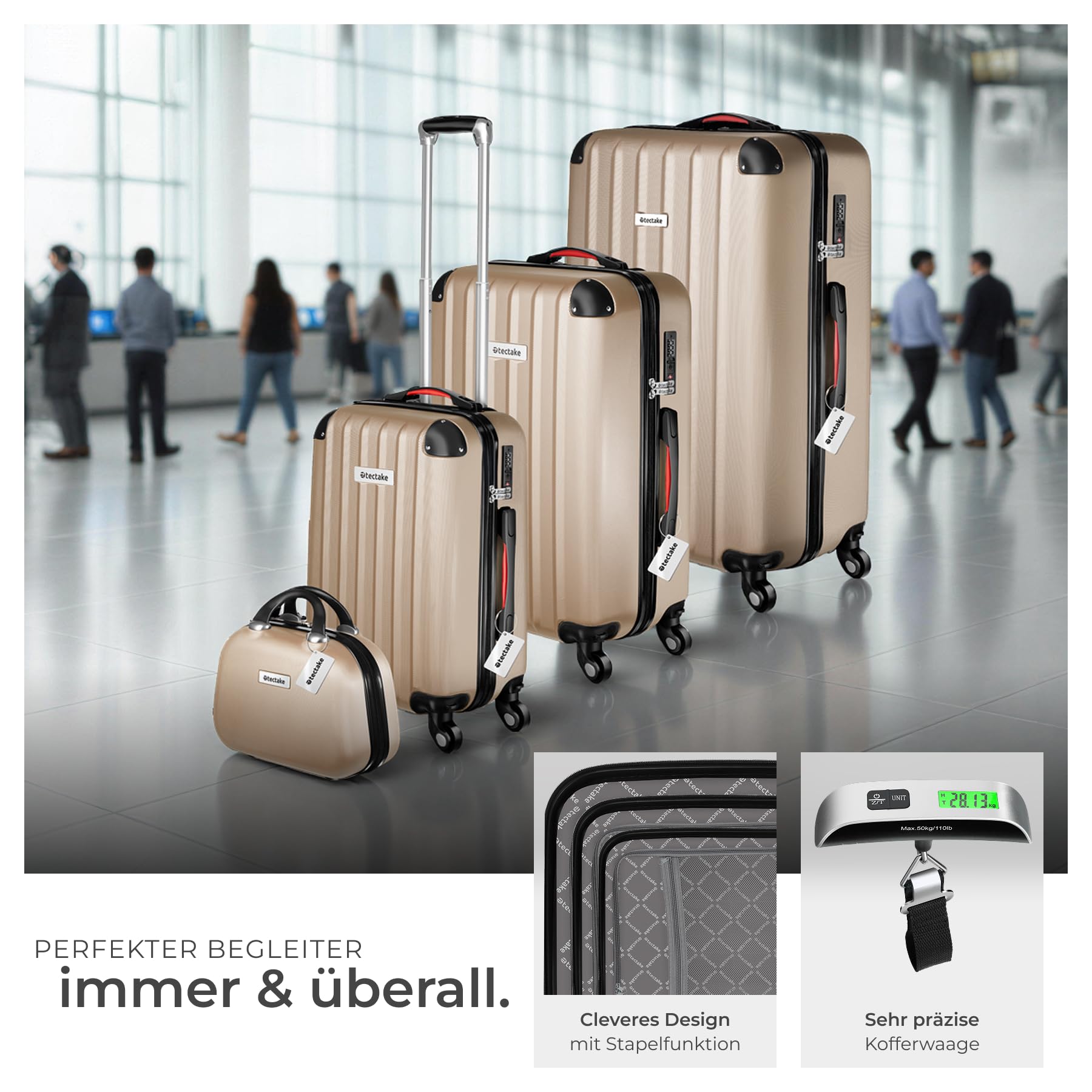 tectake® 4-teiliges Reisekoffer Kofferset inkl. Kofferwaage und Gepäckanhänger, 360° Rollen, Hartschalenkoffer mit Zahlenschloss, Koffer groß, ineinander stapelbar, Trolley Handgepäck - Champagner