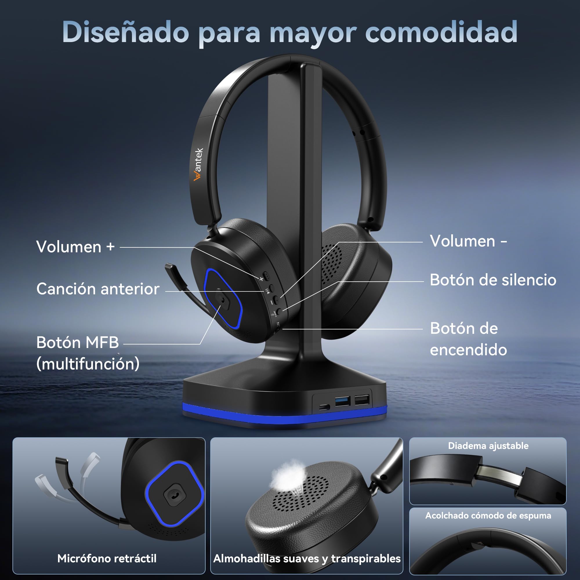 Wantek Auriculares Bluetooth con Micrófono, Base de Carga y Dongle USB, Bluetooth 6.0, Cancelación de Ruido, Conexión Dual, 50 Horas, para PC, Portátil, Móvil, Teams, Zoom y Oficina