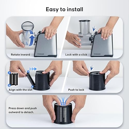 Miniatura 8 de Rallador eléctrico de queso, máquina de ensalada con motor de CC de 300 W, trituradora eléctrica con 5 formas diferentes de cuchillas, cortador