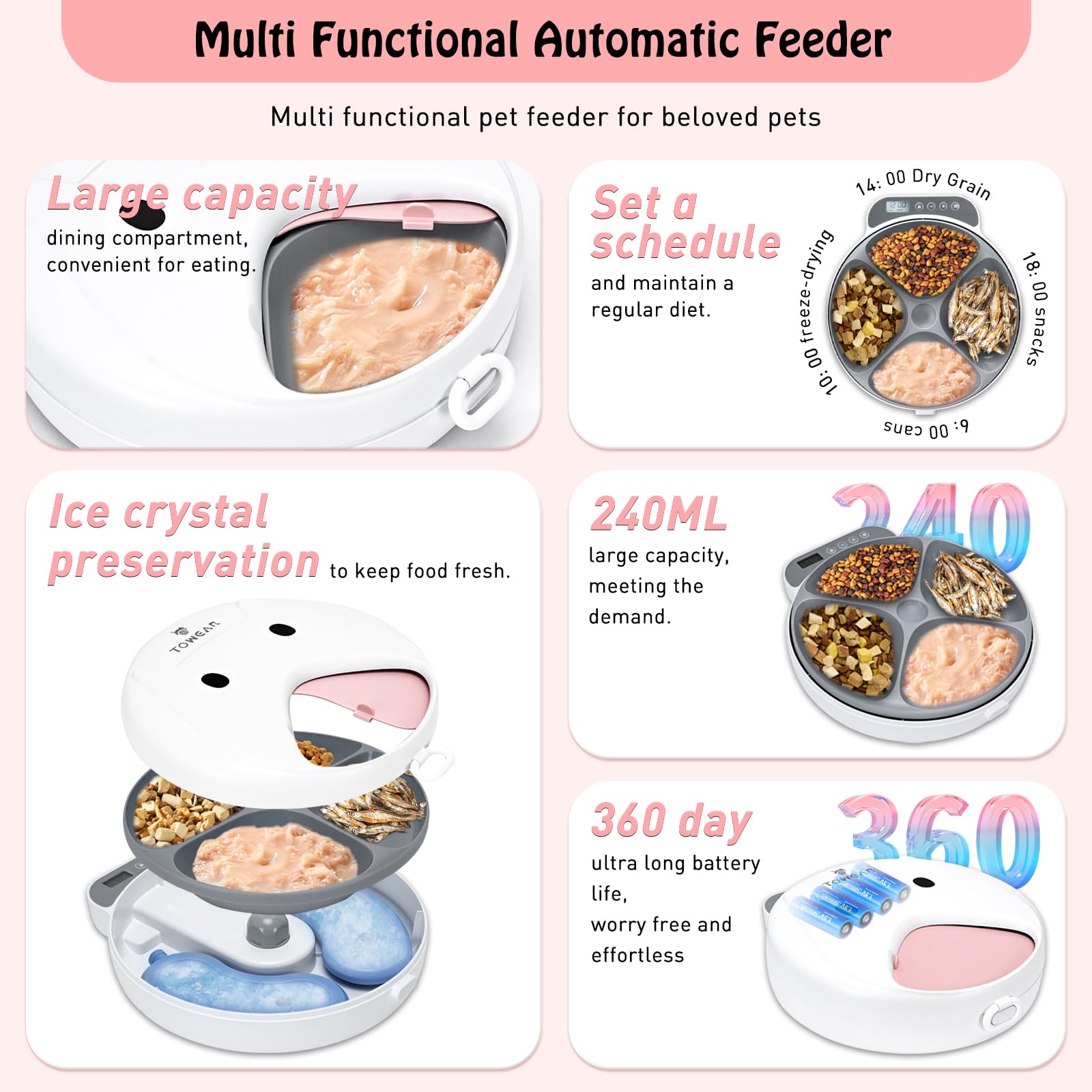 Comedero automático para gatos con pantalla digital, comedero para gatos y perros con temporizador digital para alimentos húmedos o secos para mascotas, 4 compartimentos de alimentos para 240 ml cada