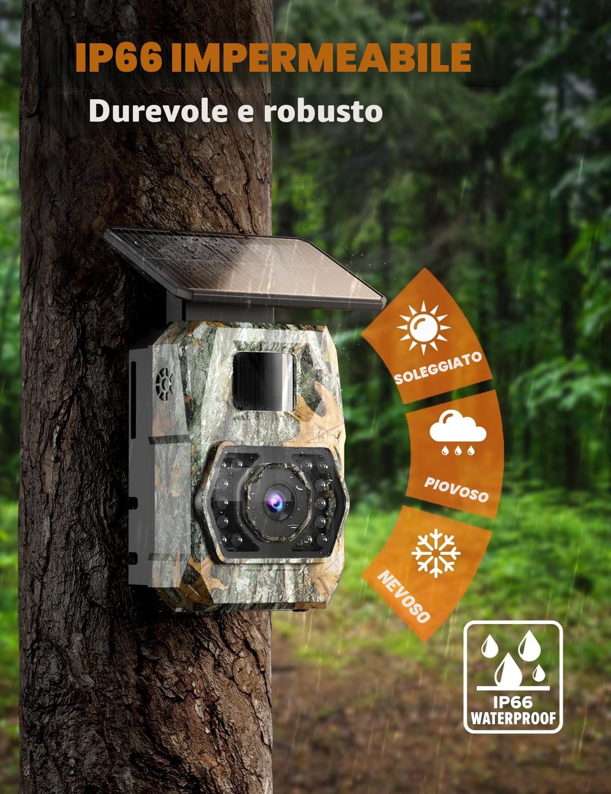 Fototrappola con Pannello Solare 60MP 4K 30fps, WIFI Bluetooth e App Fototrappola con Batteria Ricaricabile da 5200mAh Angolo di Rilevamento 100°HD Visione Notturna Impermeabile IP66