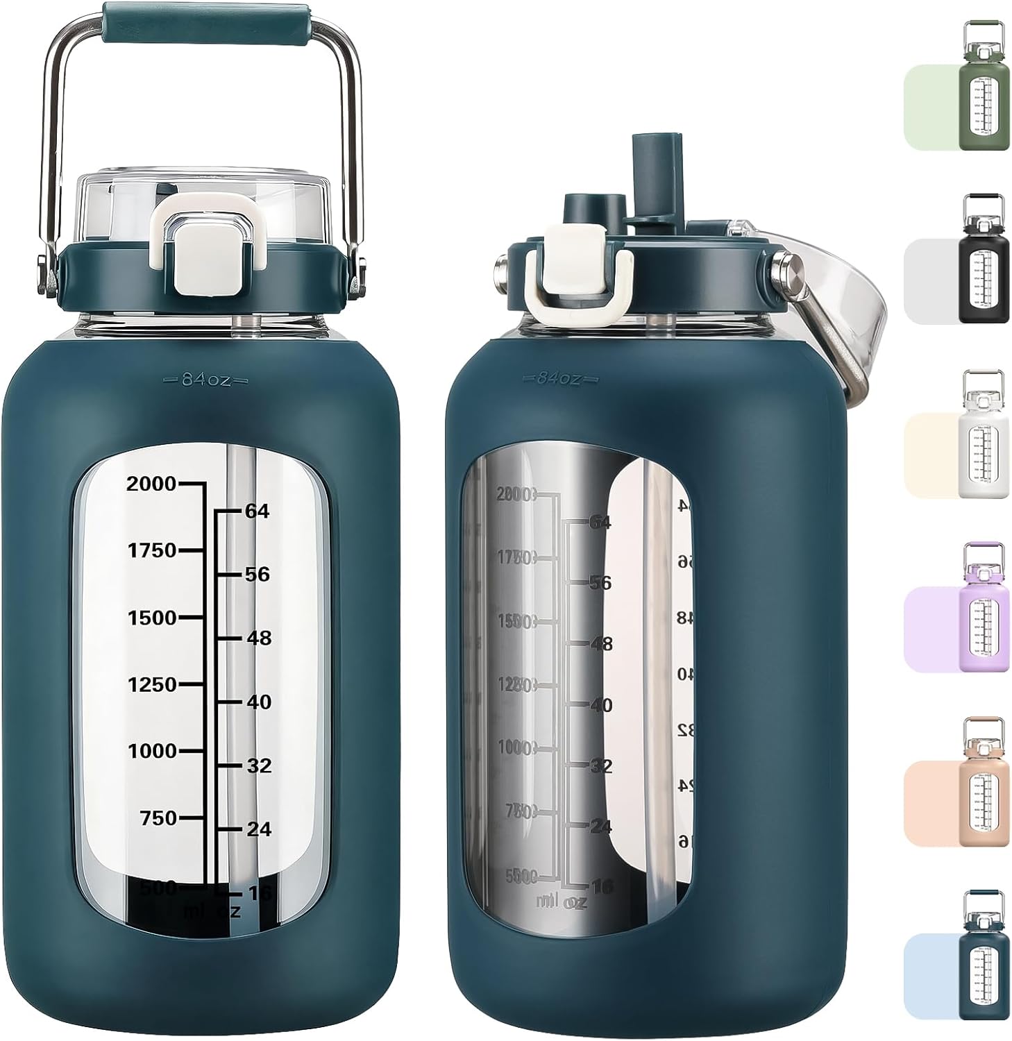 MUKOKO 84oz Glass Water Bottle with Time Marker and Silicone Sleeve 2.5L Water Jug with Stainless Steel Handle Gallon Drinking Bottle with 2-in-1 Lid Wide Mouth BPA Free, Dark Blue