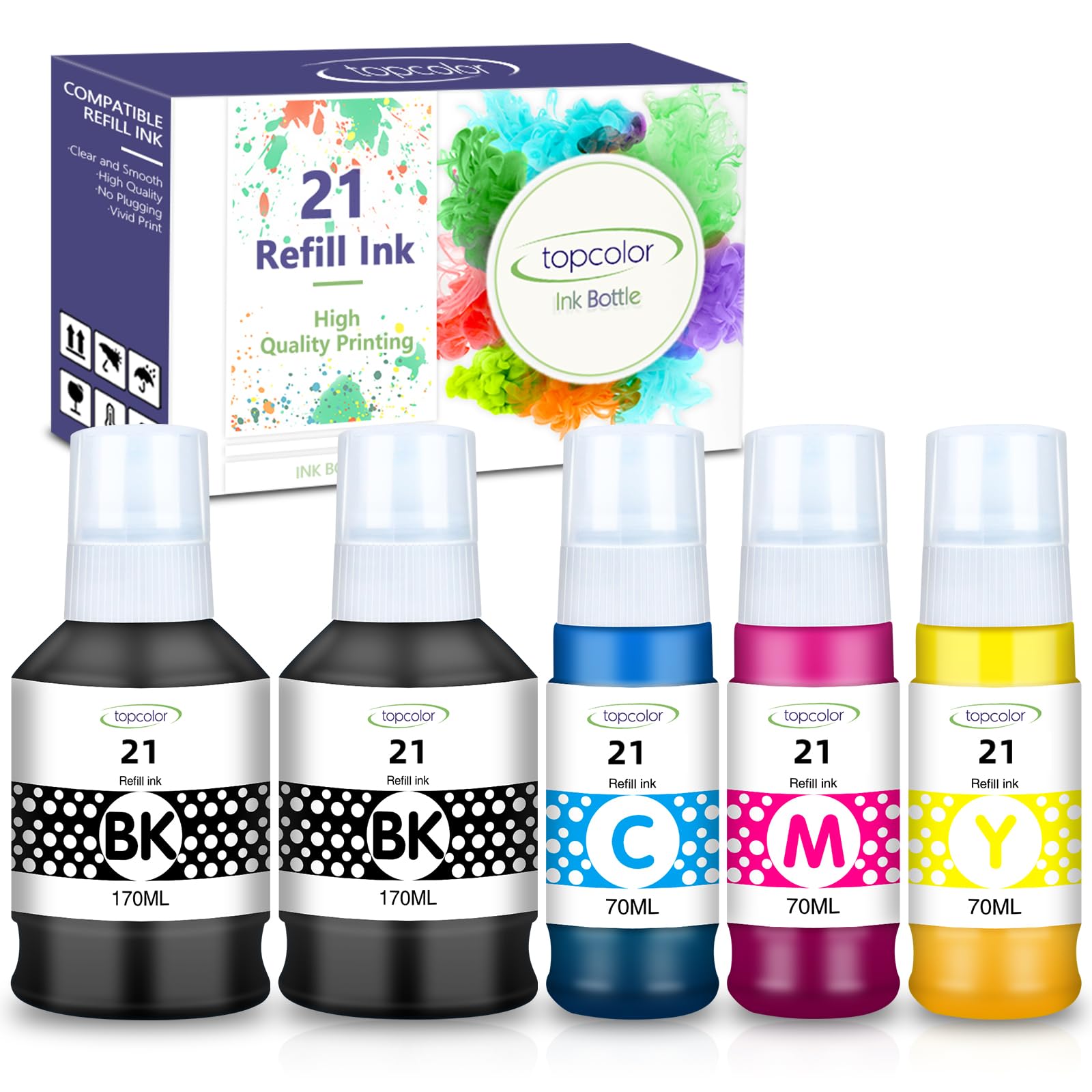 5Pack Compatible for Canon 21 GI-21 GI21 G3270 G3290 Ink Refill Bottles Set | GI-21 G3270 Ink Bottles Compatible for Canon MegaTank G3270 G3290 G4280 G4270 G3260 G3272 G2270 G2260 G1220 G1230 Printer