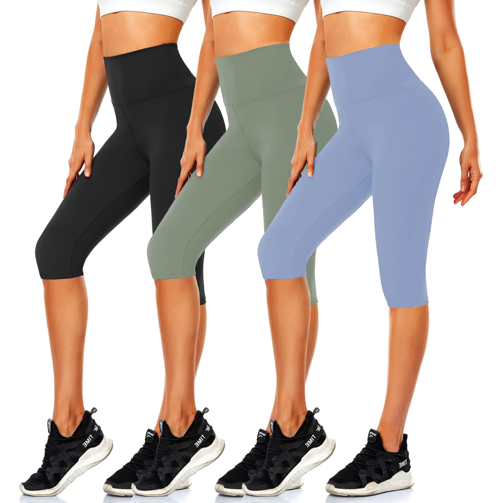 CTHH 3 Pack Capri Pants with Pockets - High Waisted Knee Length Yoga Leggings, Workout Biker Shorts for Women Running Summer