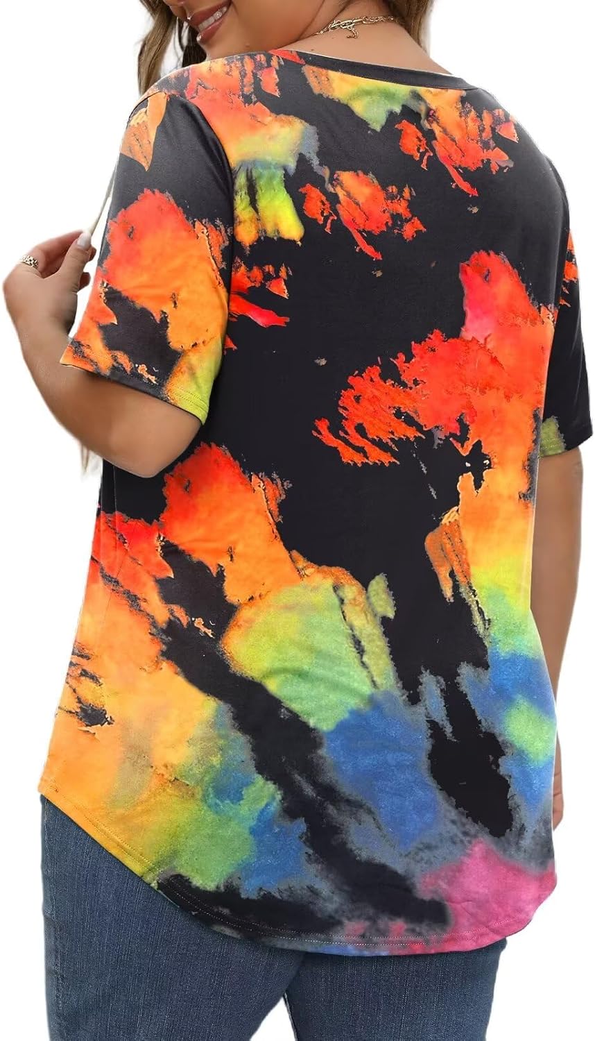 DOLNINE Womens Plus Size Tops Tie Dye Casual V Neck Summer Short Sleeve Loose Fit Shirts XL-5XL - Image 2