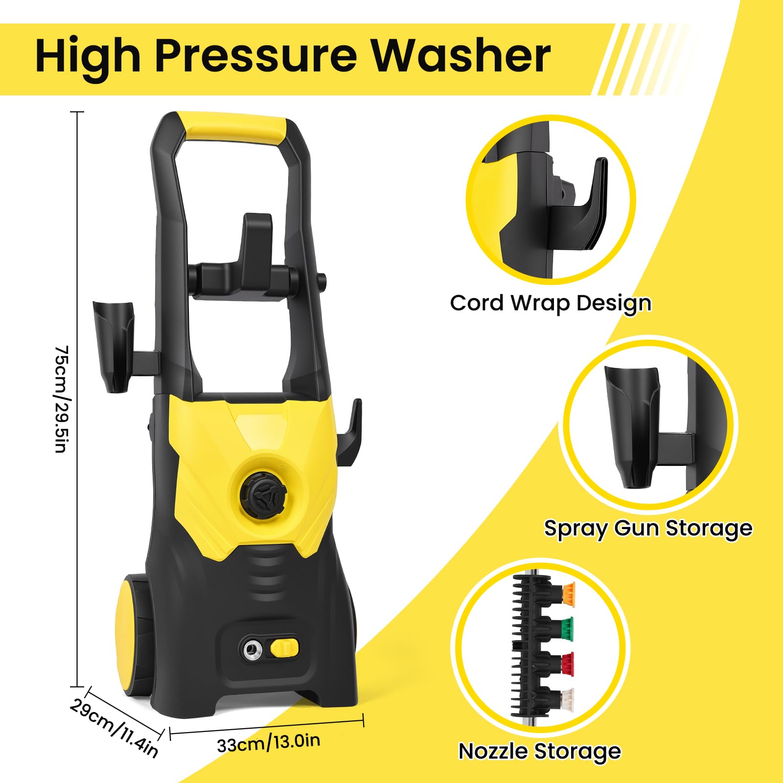 2500W Idropulitrice Professionale, Max 200 Bar, con Schiuma, 4 Ugelli e Tubo 10m, Portata di Pulizia di 500L/H,per Auto, Patio, Vialetti, Recinzioni, Pavimenti, Colore Giallo