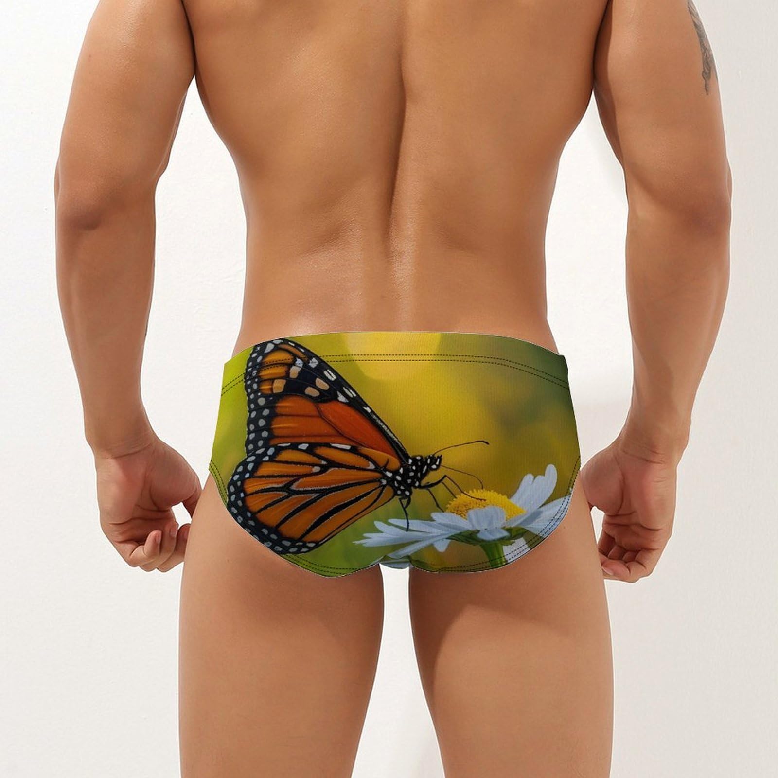 Monarch Butterfly on Flower Mens Swim Briefs Bikini Swimwear Print Beach Shorts Sexy Swimsuit S