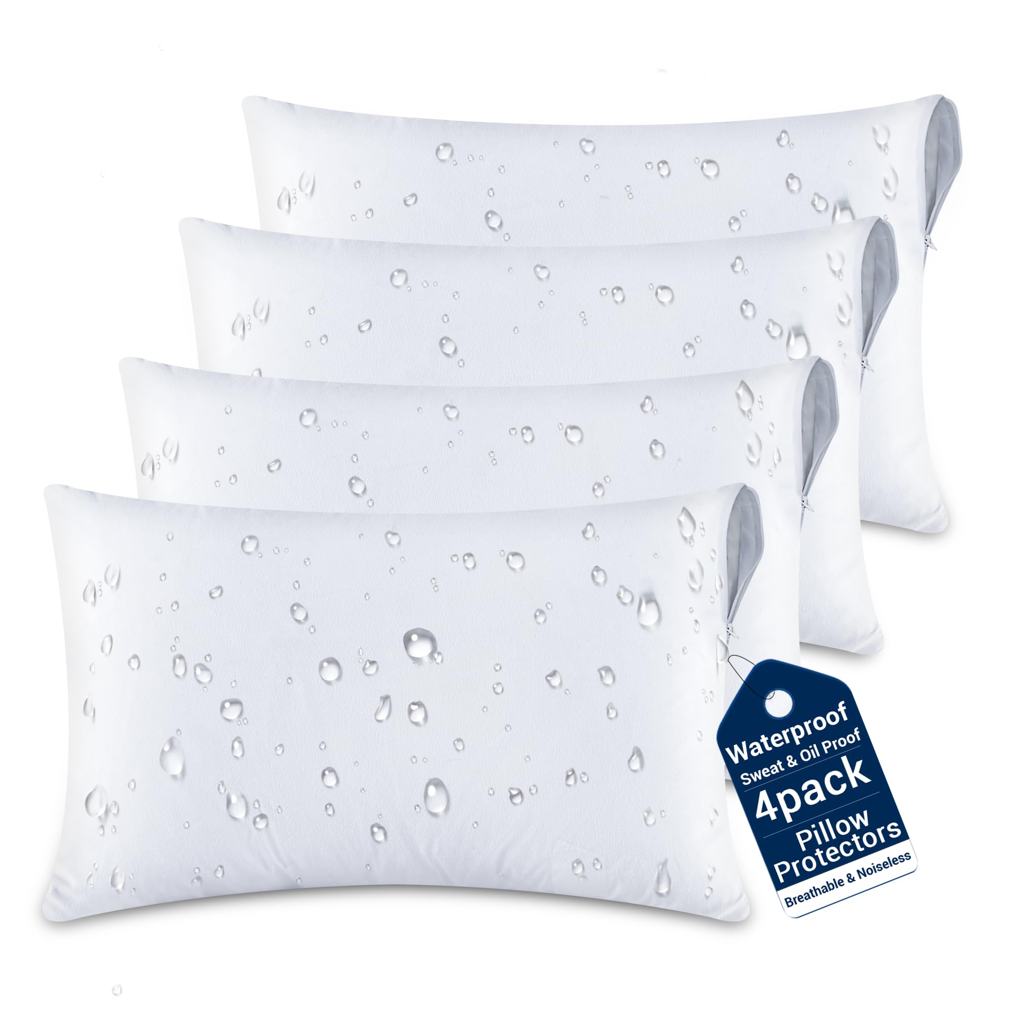 SheRest Ultra Soft Pillow Protectors Waterproof King Size Set of 4-Pack - Breathable & Noiseless Zippered Pillow Covers, Sweat & Oil Proof Cases, Dust & Dirt Pillow Encasements, White